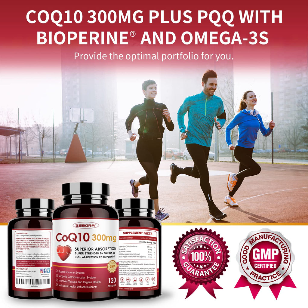 ZEBORA CoQ10 300mg Softgels with PQQ, BioPerine & Omega-3 – 120 Servings | High-Absorption Coenzyme Q10