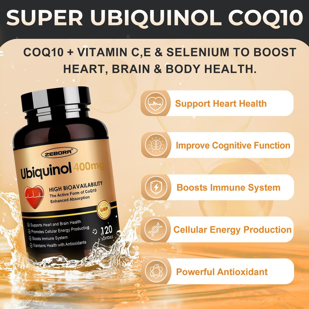 ZEBORA Ubiquinol CoQ10 400mg Softgels – 120 Count, Max Absorption, 4-in-1 Antioxidant for Heart Health & Energy