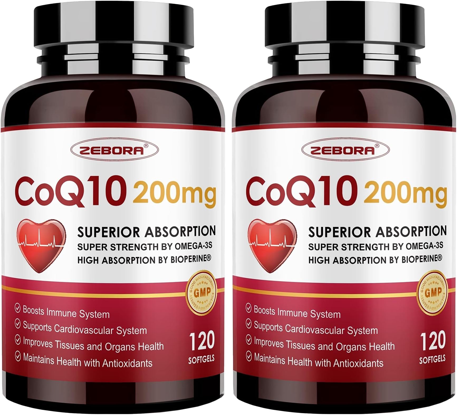 ZEBORA CoQ10-200mg Softgels with PQQ, BioPerine & Omega-3 — Pack of 2