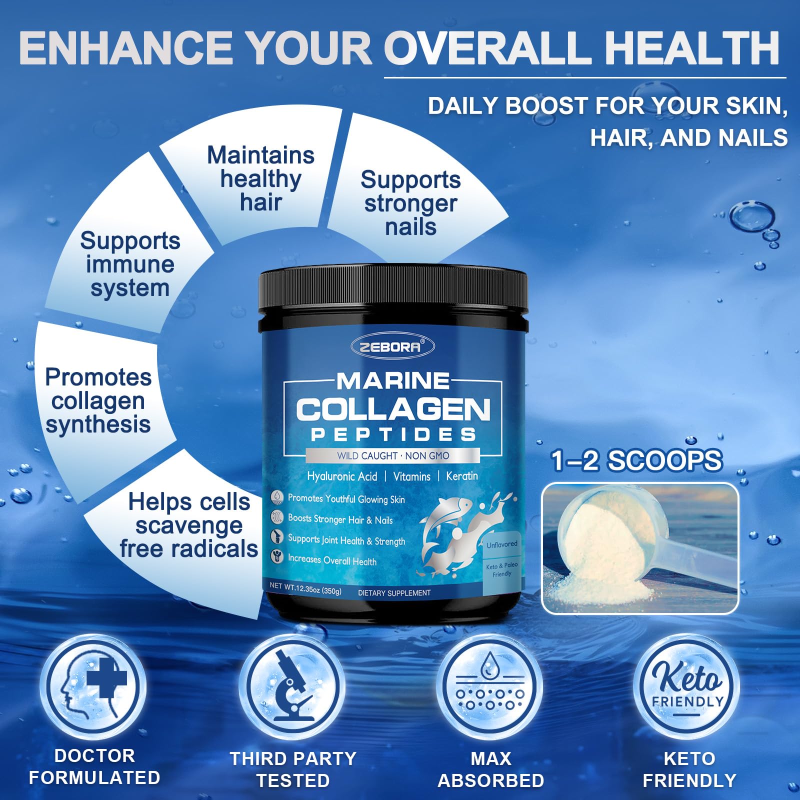 ZEBORA Marine Collagen Peptides Powder with Hyaluronic Acid & Keratin | 35 Servings