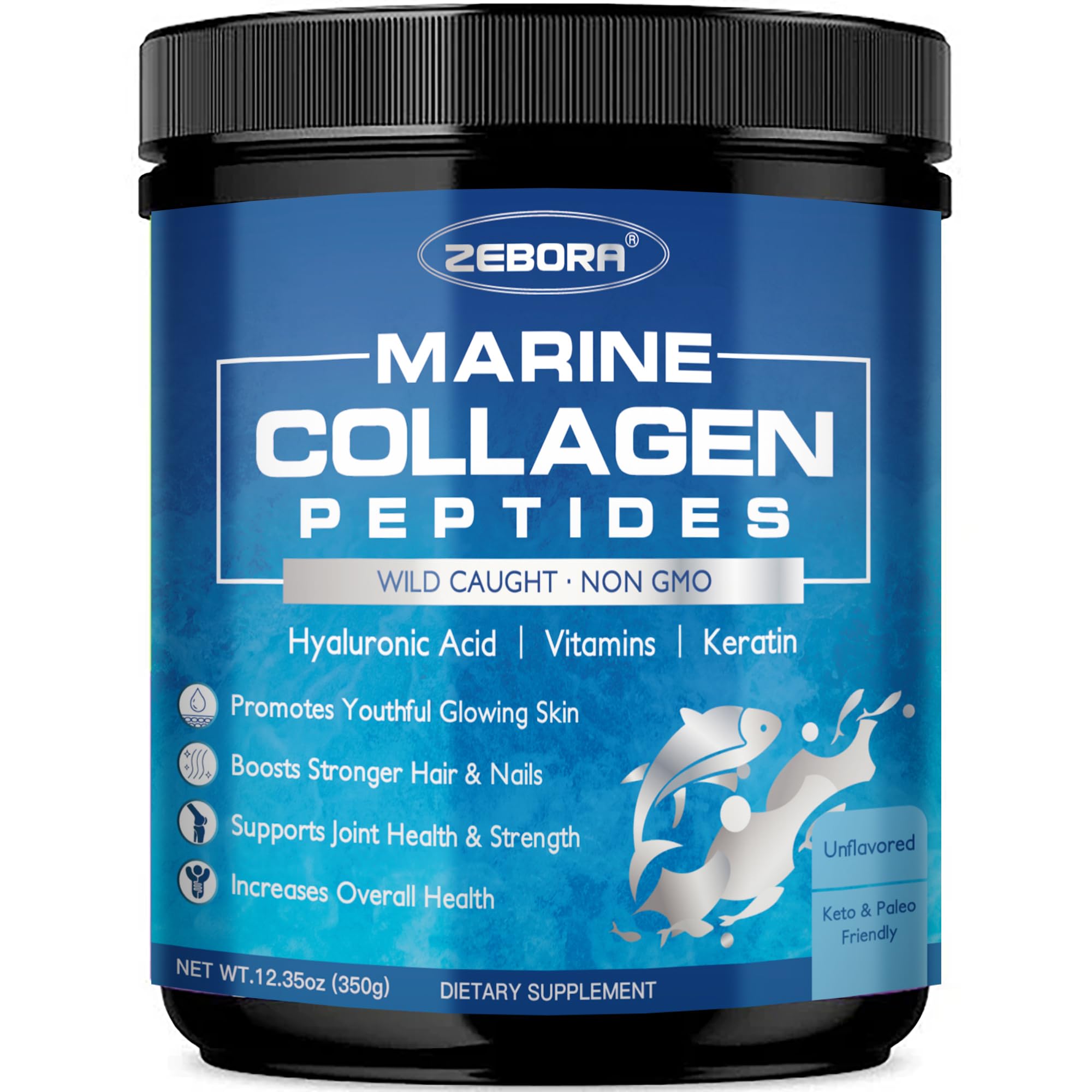 ZEBORA Marine Collagen Peptides Powder with Hyaluronic Acid & Keratin | 35 Servings