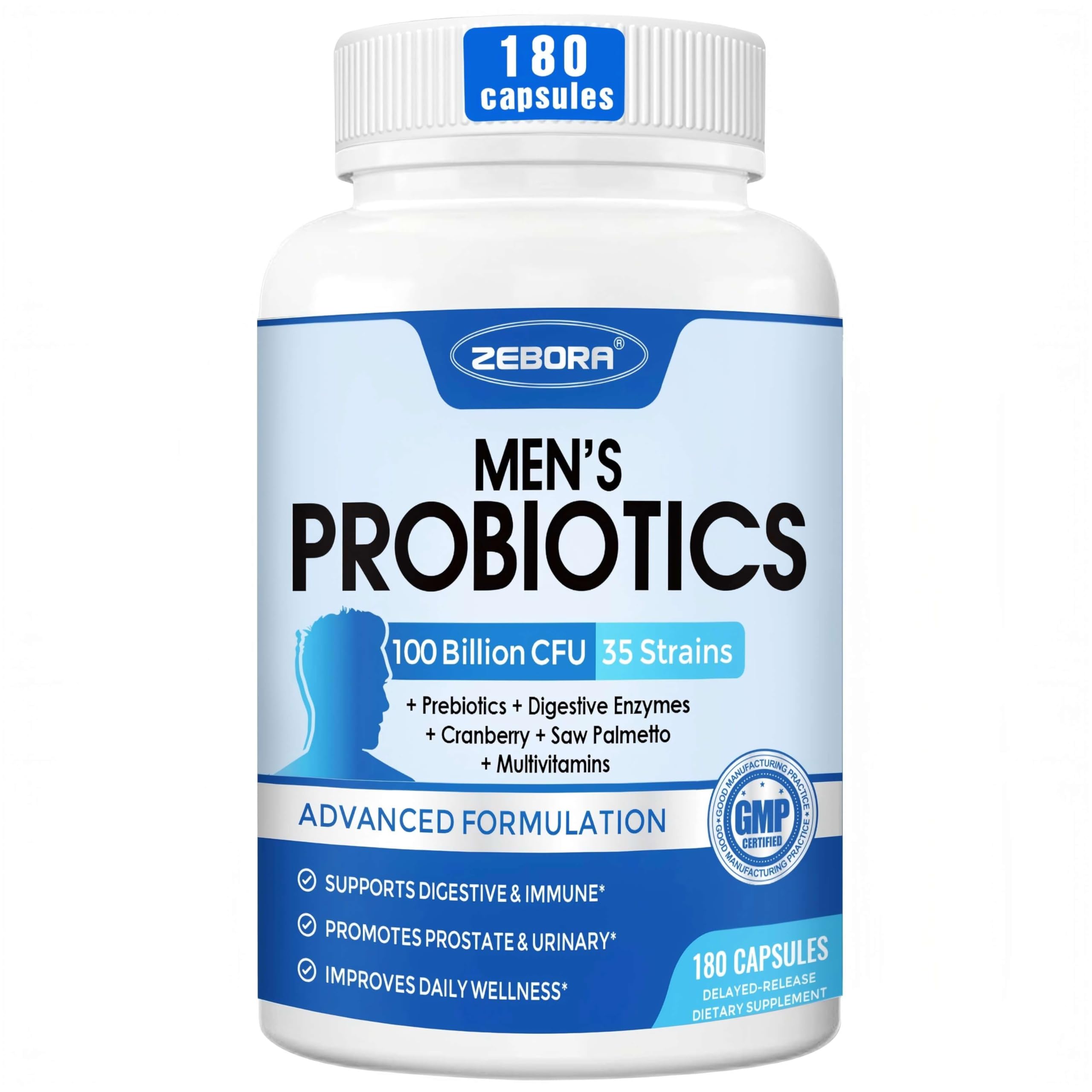 ZEBORA Probiotics for Men – 100 Billion CFU, Gut Health & Prostate Support, Cranberry & Saw Palmetto, 180 Caps