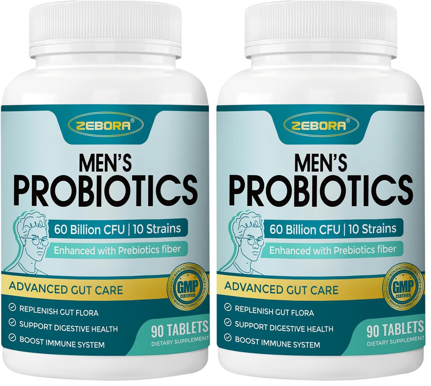 ZEBORA Probiotics for Men with Prebiotics – 60B CFU, 10 Strains, 90 Tablets (Pack of 2)
