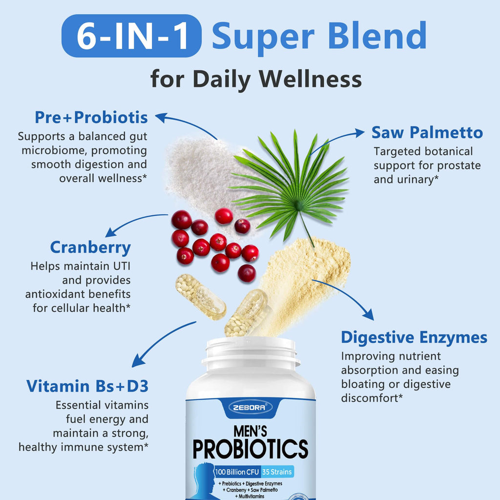 ZEBORA Probiotics for Men – 100 Billion CFU, Gut Health & Prostate Support, Cranberry & Saw Palmetto, 180 Caps