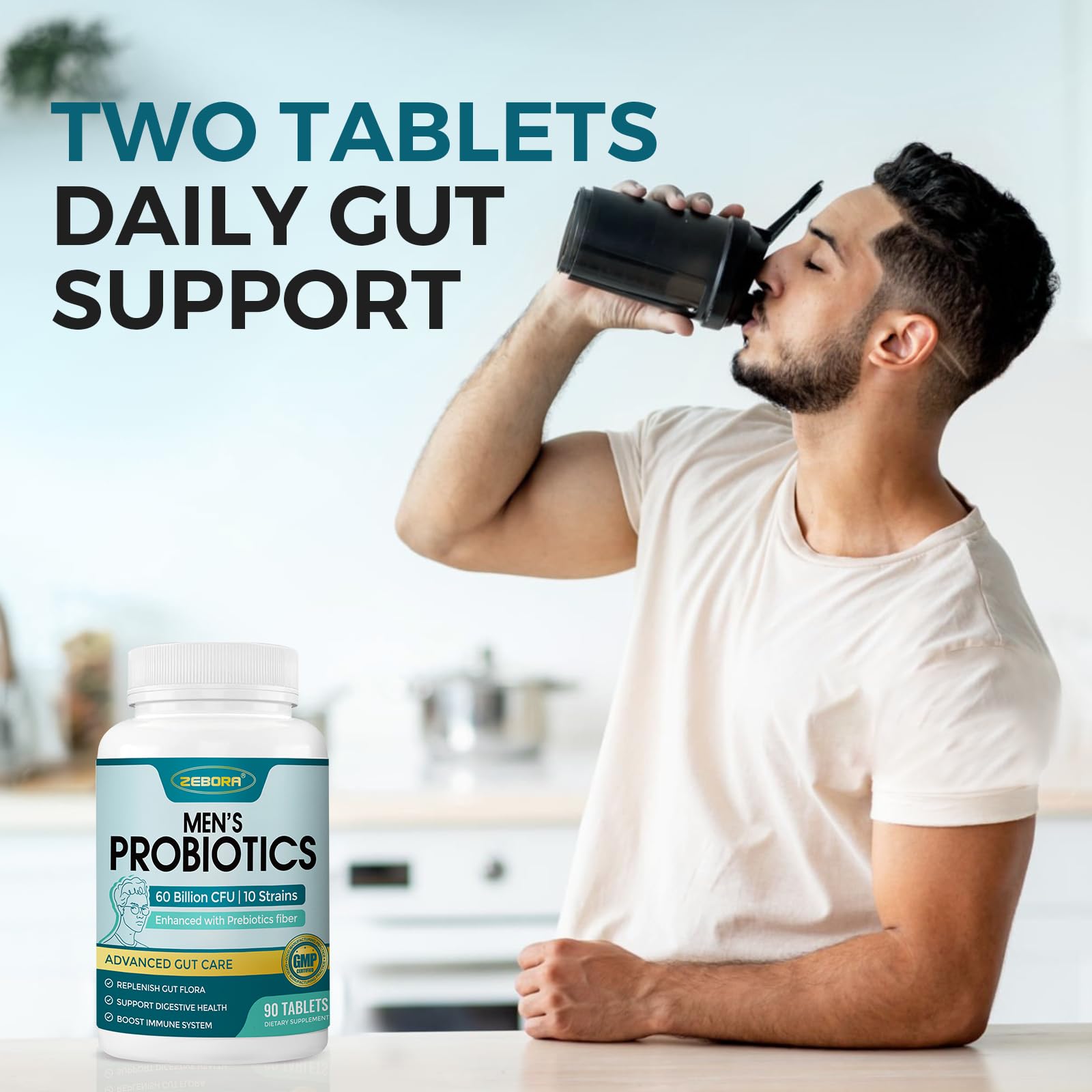 ZEBORA Probiotics for Men with Prebiotics – 60B CFU, 10 Strains, 90 Tablets (Pack of 2)