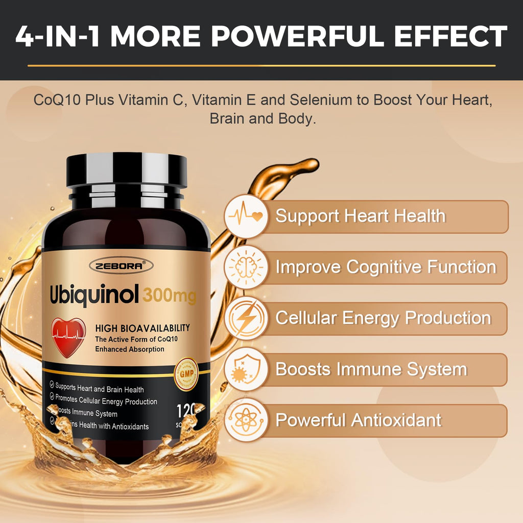 ZEBORA Ubiquinol CoQ10 300mg Softgels - 4-in-1 Heart Health & Energy, 120 Softgels