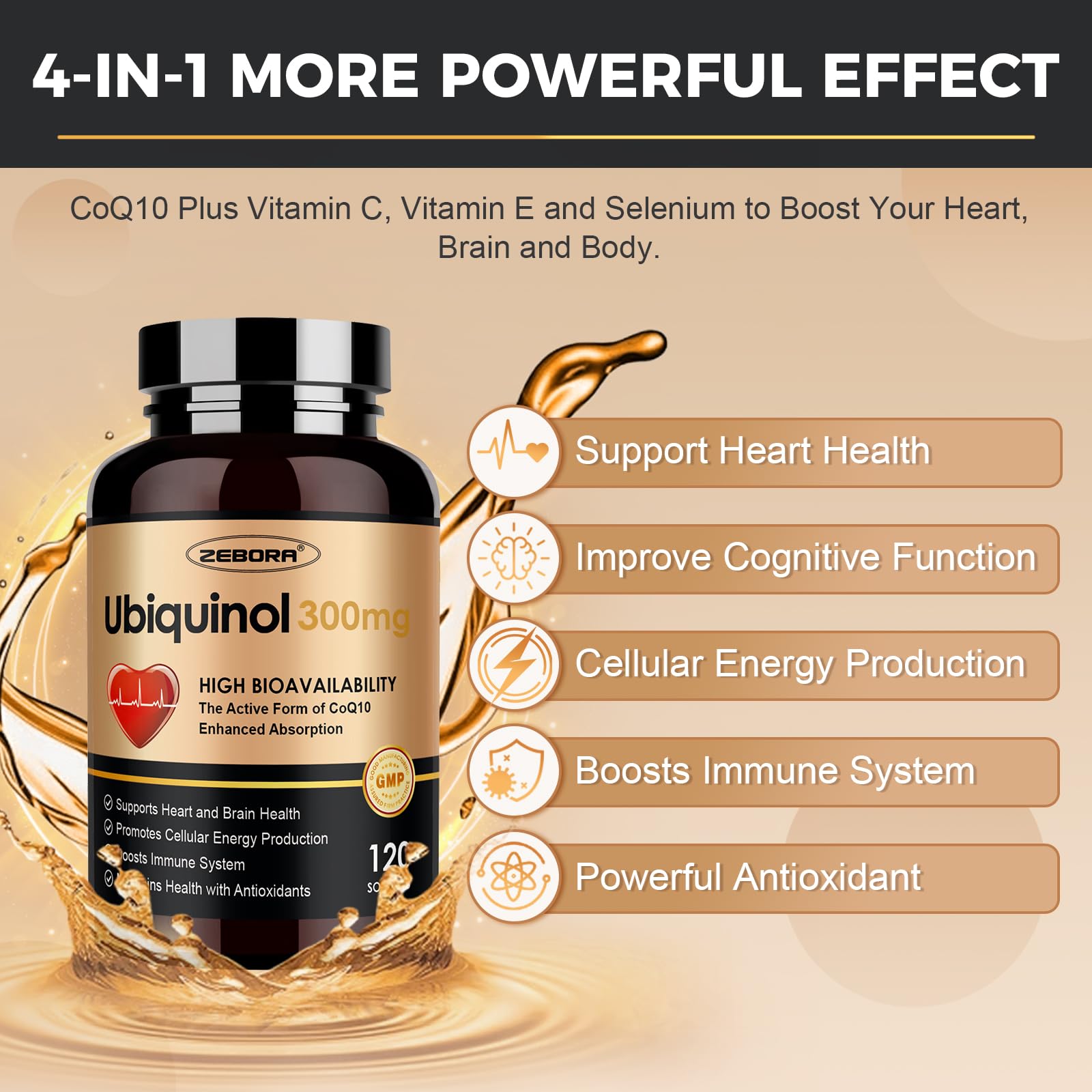 ZEBORA Ubiquinol CoQ10 300mg Softgels - 4-in-1 Heart Health & Energy, 120 Softgels