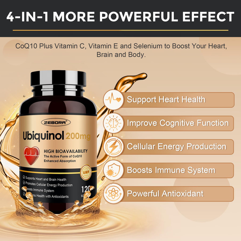 ZEBORA Ubiquinol CoQ10 200mg Softgels – 4-in-1 Antioxidant with Max Absorption (Pack of 2)