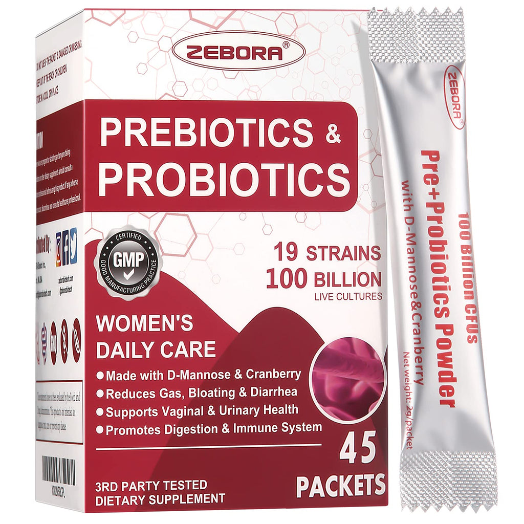 ZEBORA Probiotics for Women | 100B CFUs, Prebiotics, D-Mannose & Cranberry, 45 Packets
