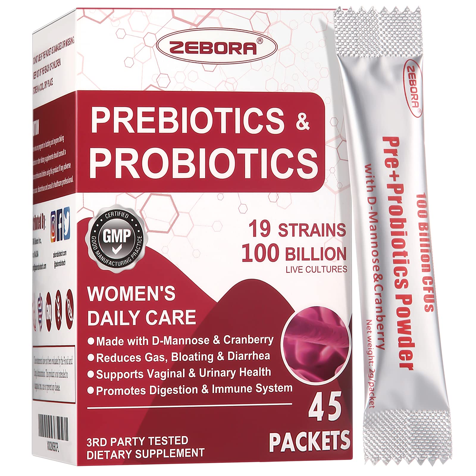 ZEBORA Probiotics for Women | 100B CFUs, Prebiotics, D-Mannose & Cranberry, 45 Packets