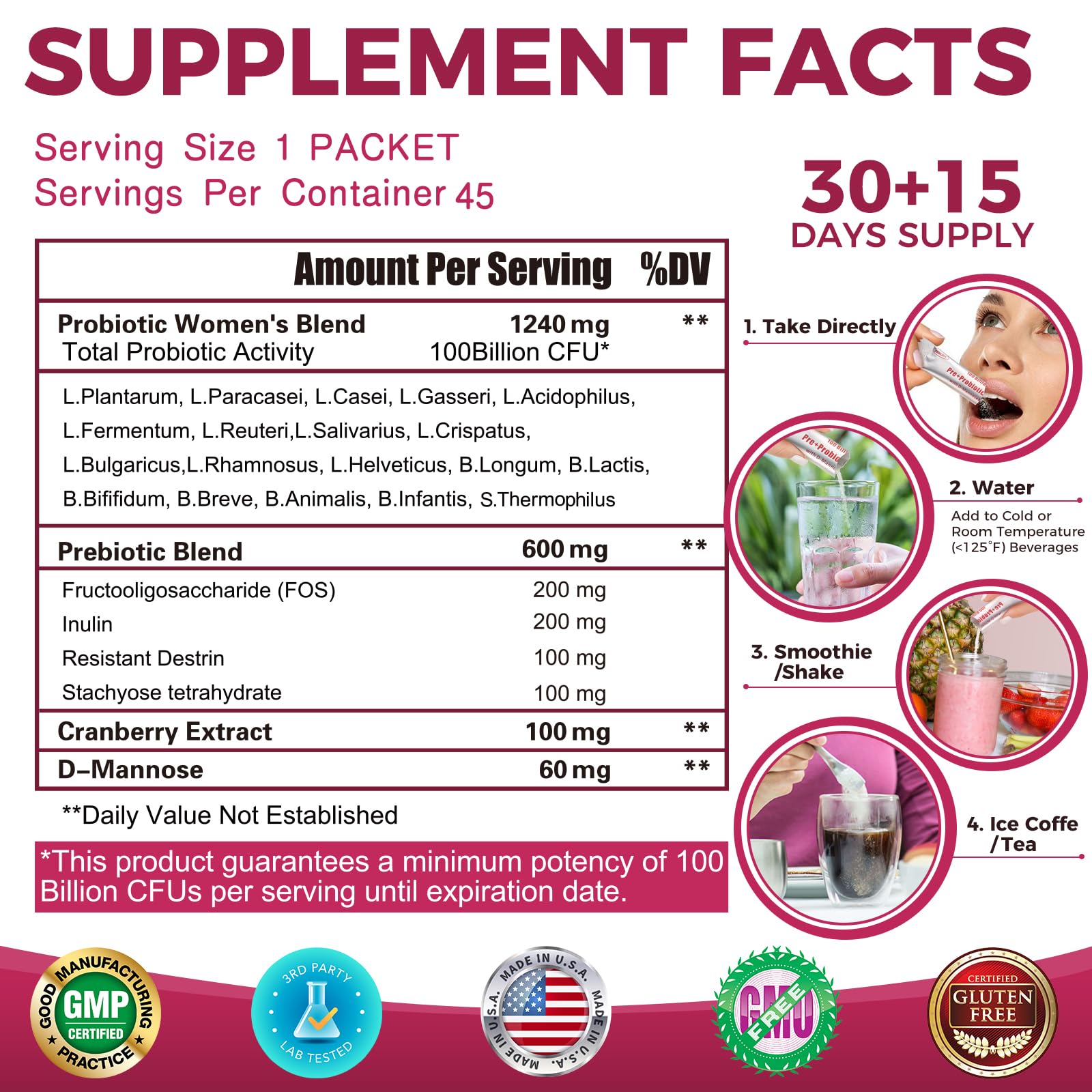 ZEBORA Probiotics for Women | 100B CFUs, Prebiotics, D-Mannose & Cranberry, 45 Packets