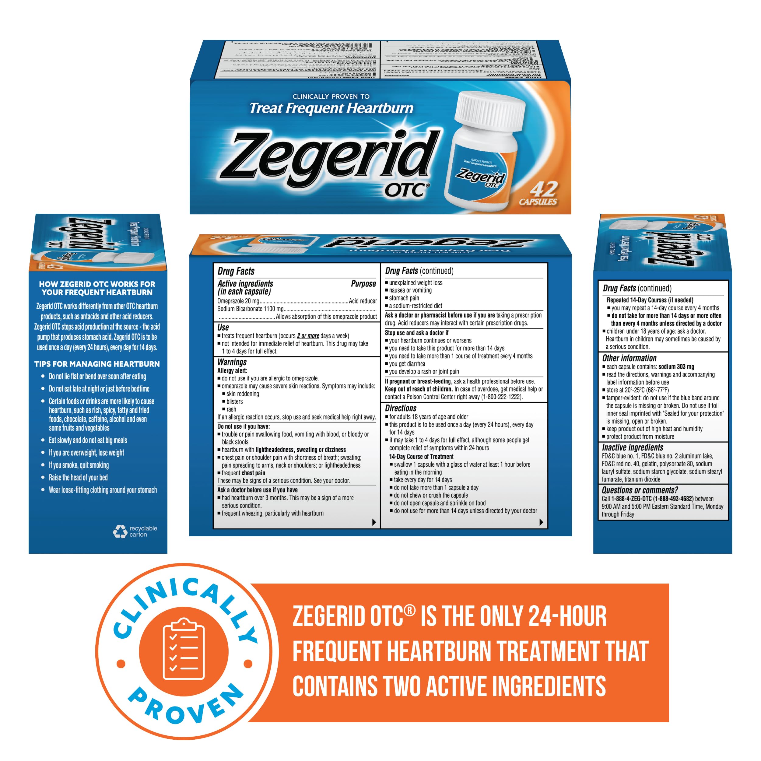 Zegerid OTC 24-Hour Heartburn Relief | Omeprazole 20 mg + Sodium Bicarbonate | 42 Capsules