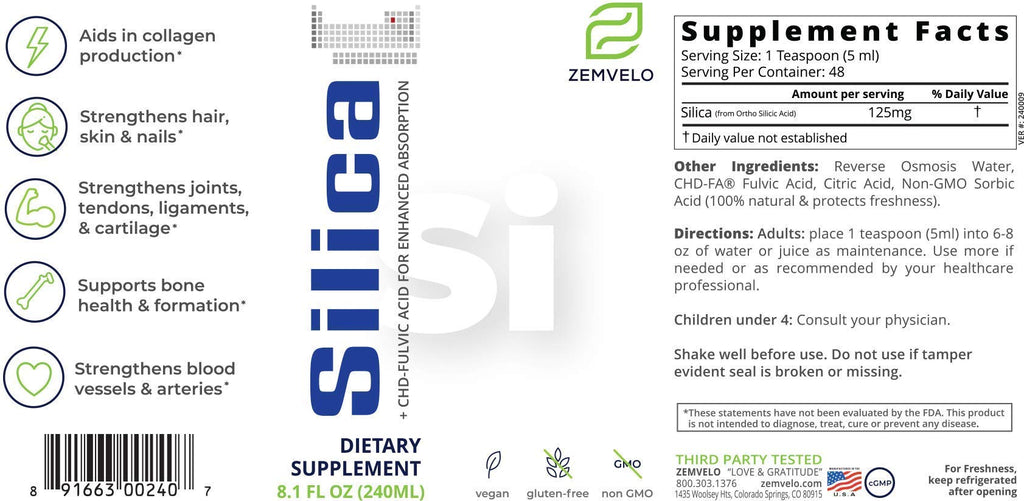 Zemvelo Liquid Ionic Silica - Hair, Skin & Nails Nutrition | Collagen & Joint Support | 8 oz