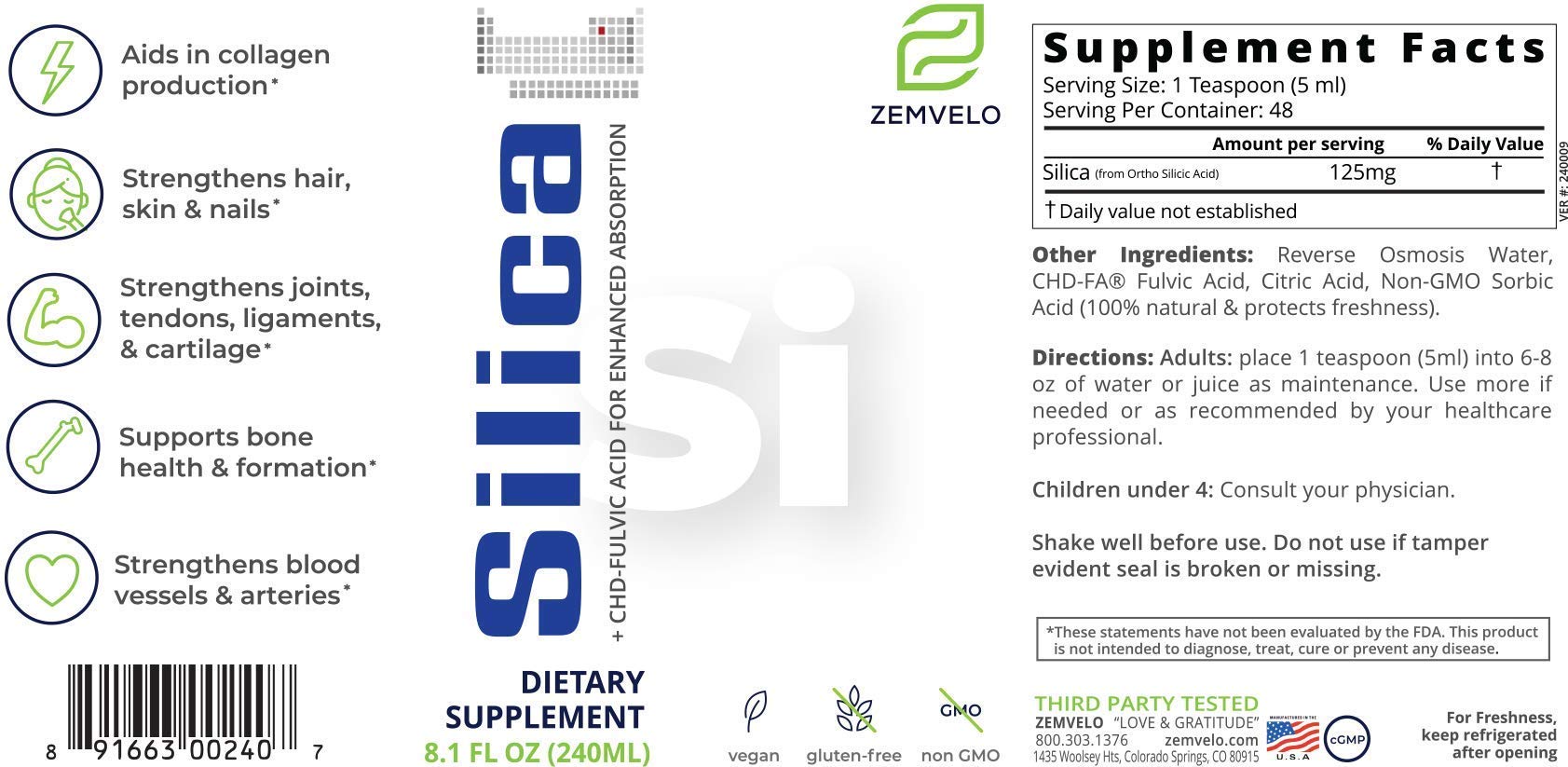 Zemvelo Liquid Ionic Silica - Hair, Skin & Nails Nutrition | Collagen & Joint Support | 8 oz