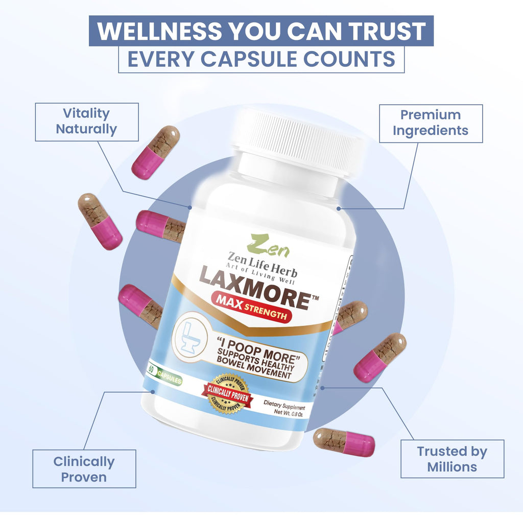 ZEN LIFE HERB LAXMORE – Poop More Max Strength, 100% Natural Plant-Based Supplement (120 Capsules)