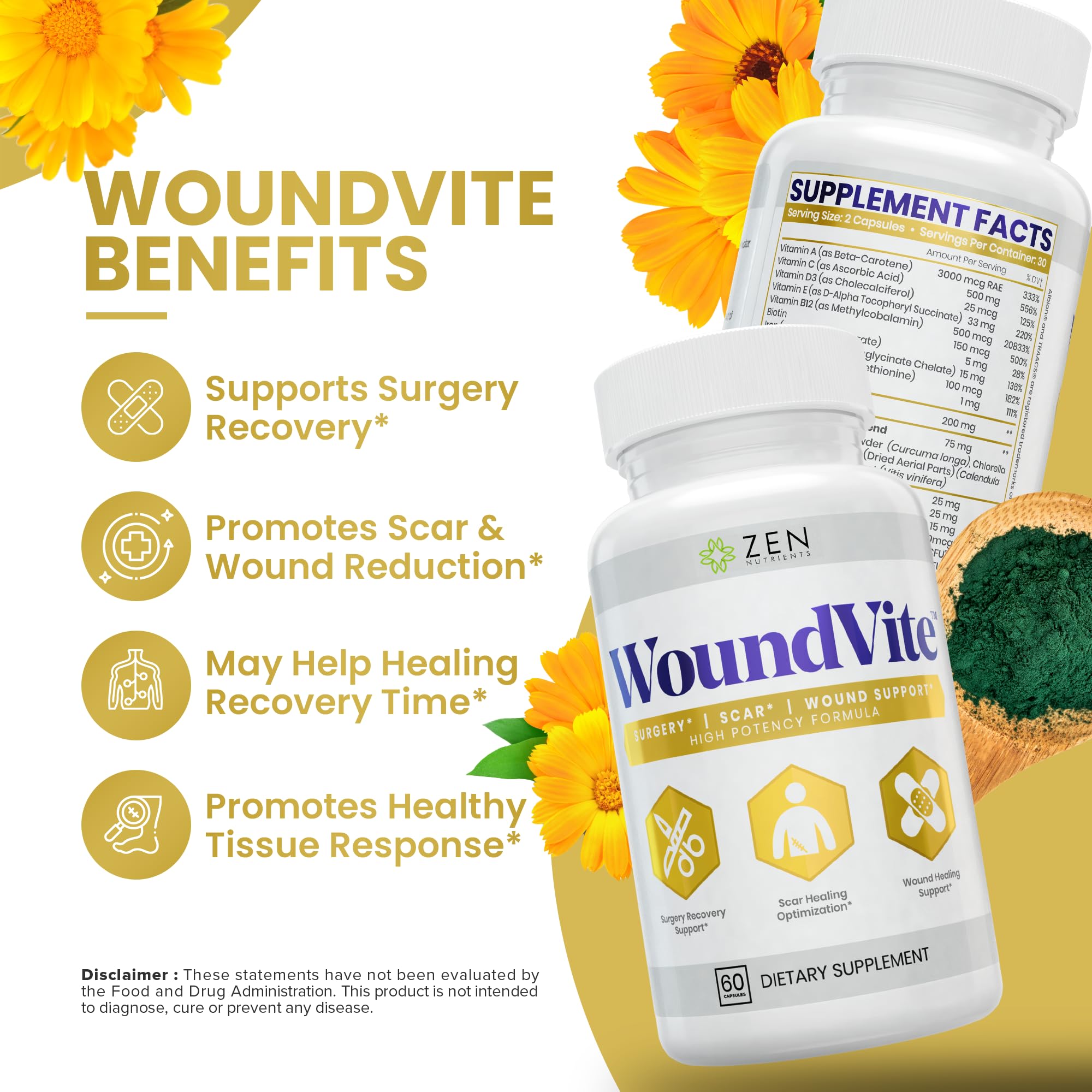 Zen Nutrients WoundVite Pre & Post Surgery Support – Scar & Wound Care (60 Vegan Caps)
