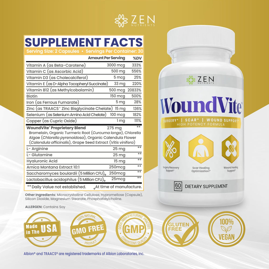 Zen Nutrients WoundVite Pre & Post Surgery Support – Scar & Wound Care (60 Vegan Caps)