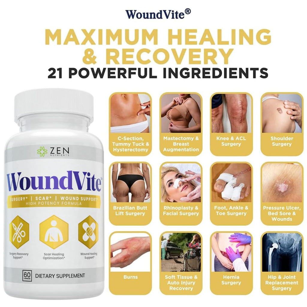 Zen Nutrients WoundVite Pre & Post Surgery Support – Scar & Wound Care (60 Vegan Caps)