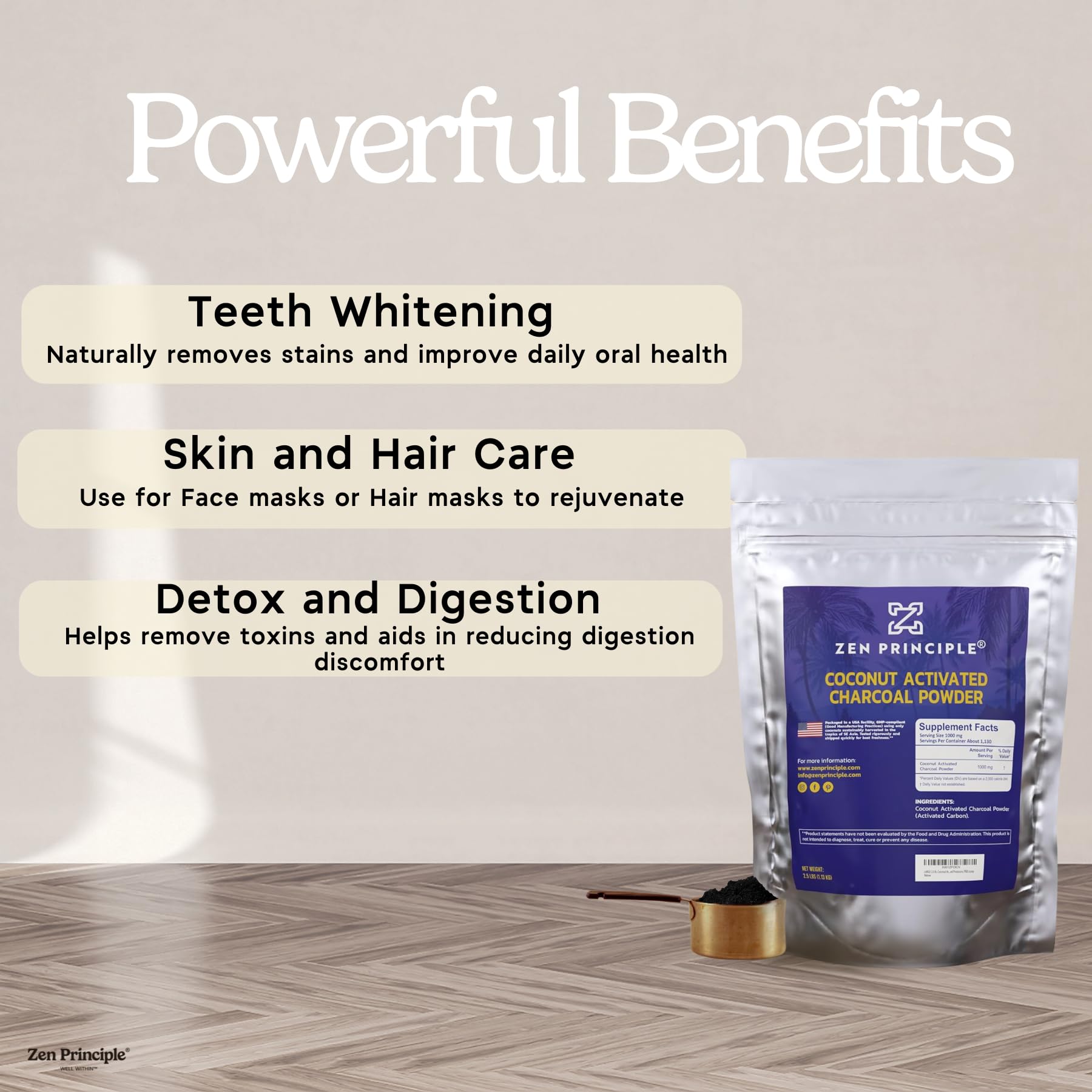 Zen Principle Coconut Activated Charcoal Powder - 2.5 lb | Teeth Whitening, Skin & Hair