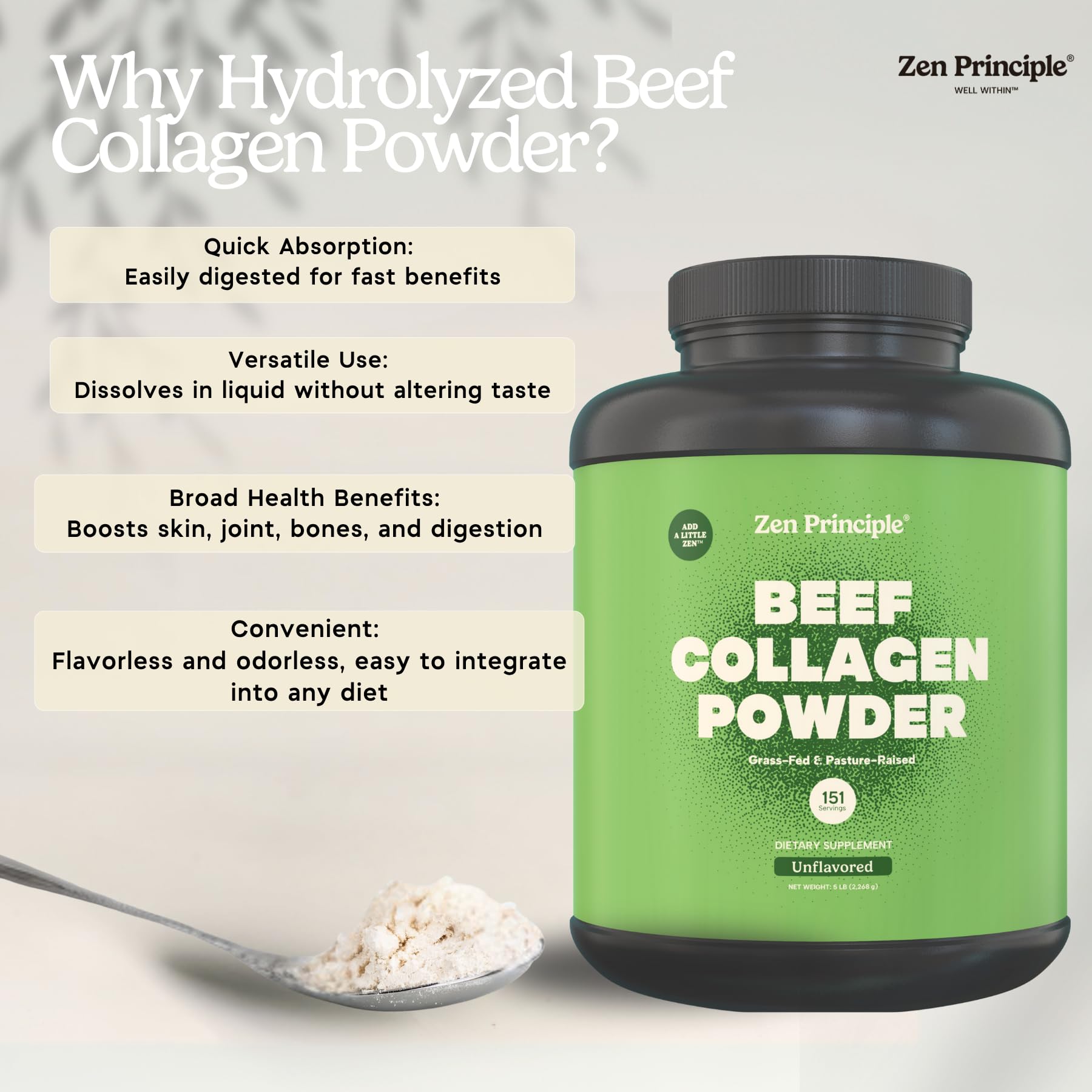 Zen Principle Grass-Fed Collagen Peptides 5 lb – Anti-Aging Protein Powder
