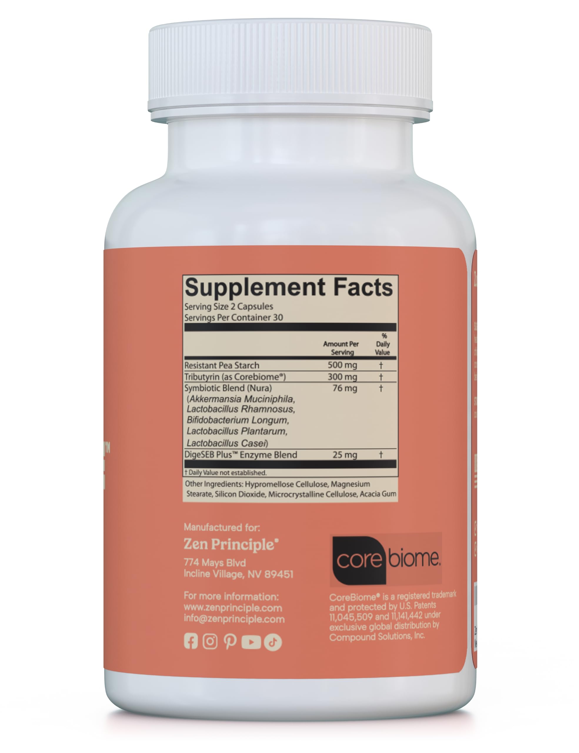 Zen Principle Zenculture™ – 4-in-1 Synbiotic Supplement (Probiotic + Prebiotic + Postbiotic + Digestive Enzymes) with CoreBiome® • 60 Capsules