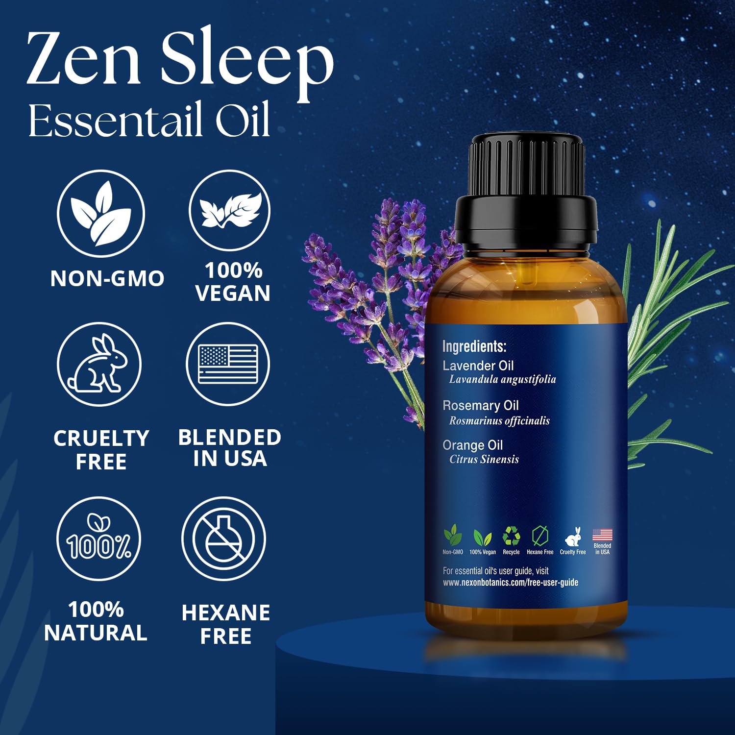 Zen Sleep Essential Oil Blend 30 ml – Lavender & Rosemary Relaxing Oil | Nexon Botanics