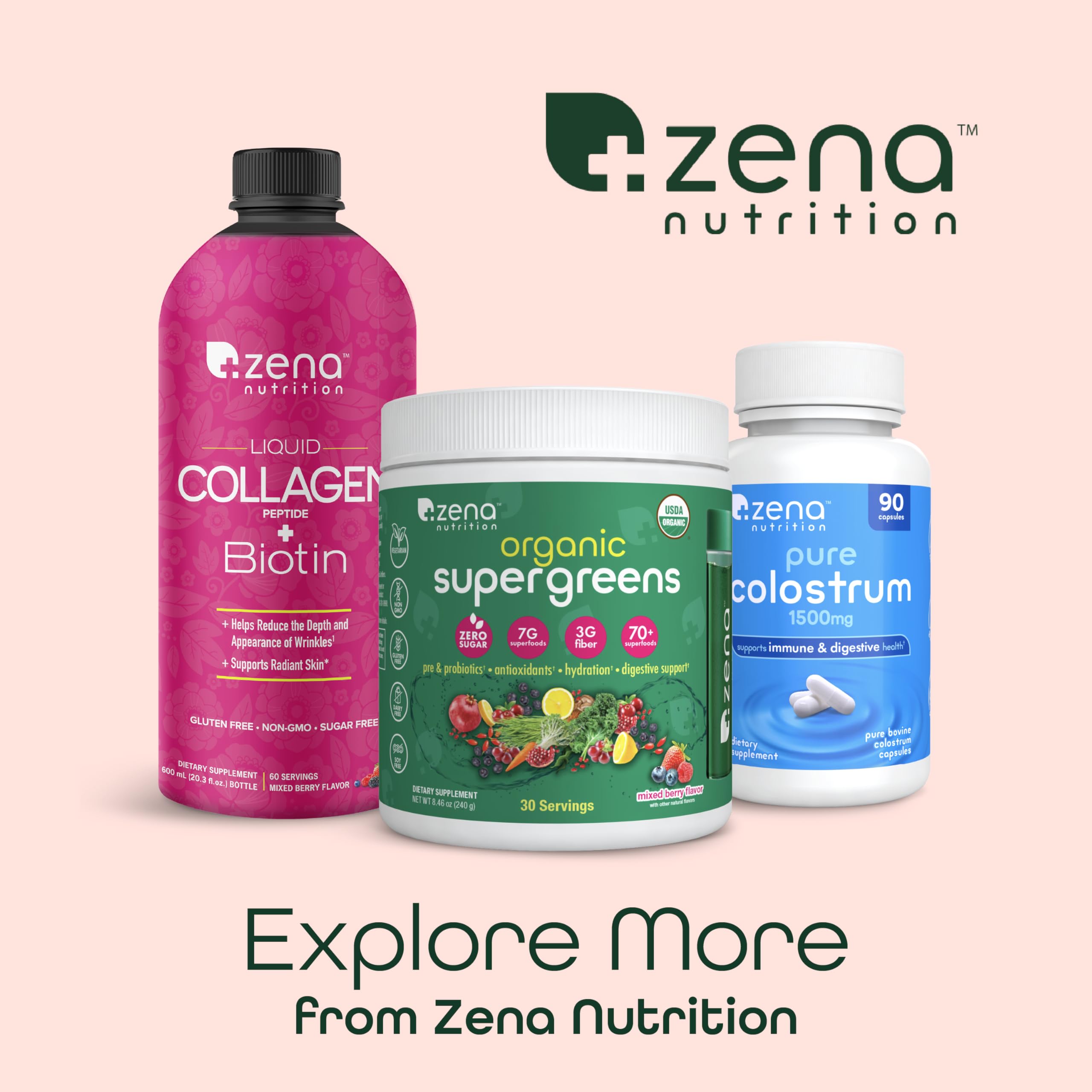 Zena Nutrition Liquid Collagen with Biotin – Type I & III, Verisol, Mixed Berry (60 Servings)