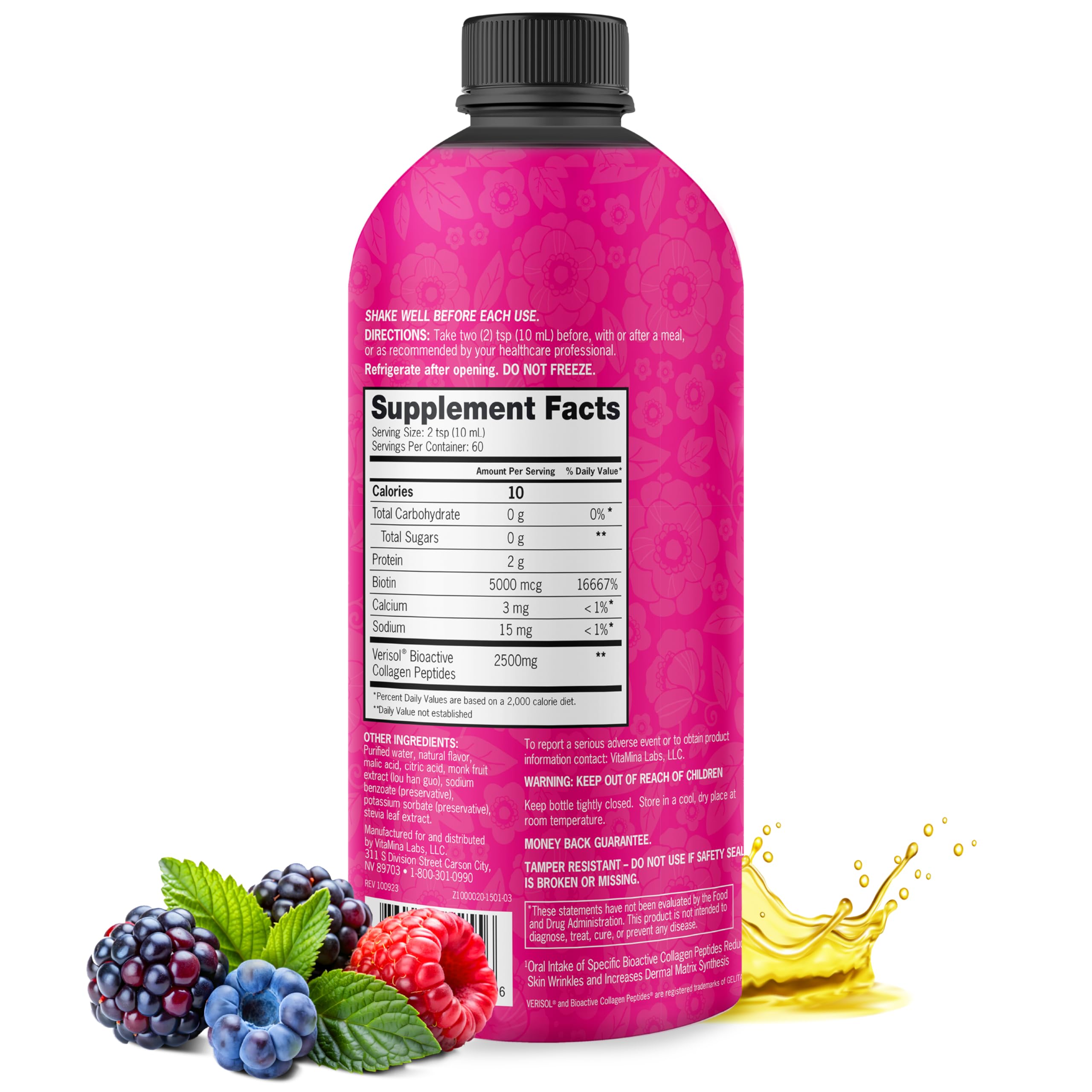 Zena Nutrition Liquid Collagen with Biotin – Type I & III, Verisol, Mixed Berry (60 Servings)