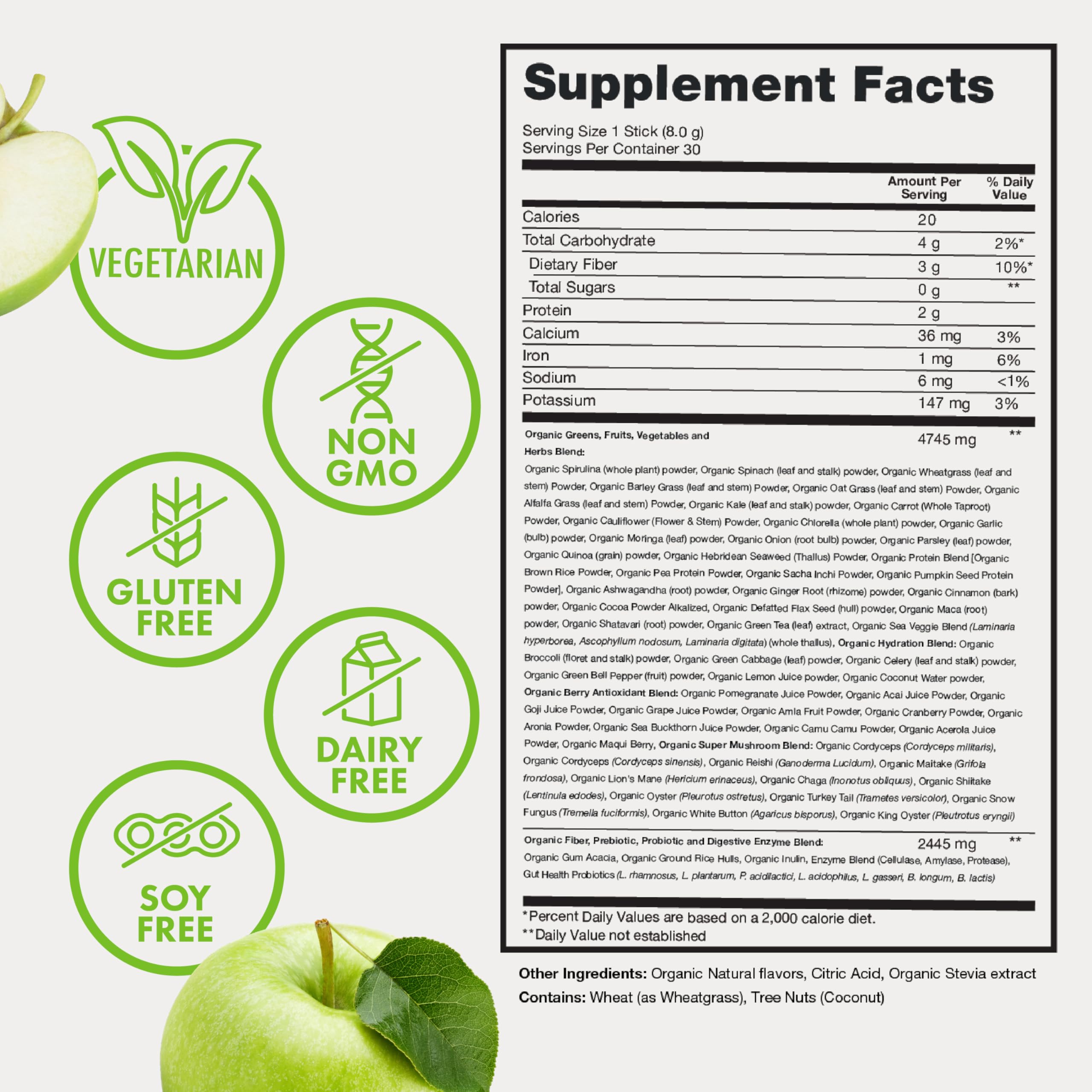 Zena Nutrition Organic Super Greens Powder — 70+ Superfoods, 0 Sugar, 30 Packets