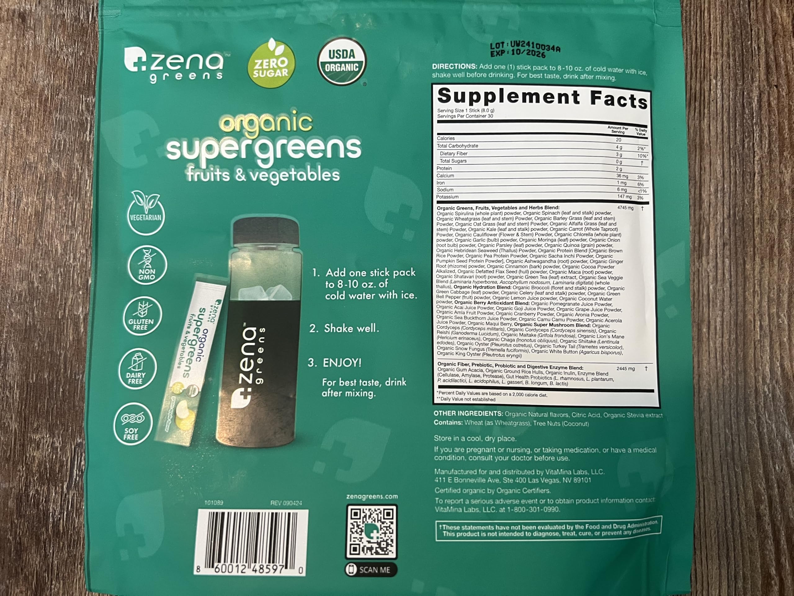 Zena Nutrition Organic Super Greens Powder — 70+ Superfoods, 0 Sugar, 30 Packets