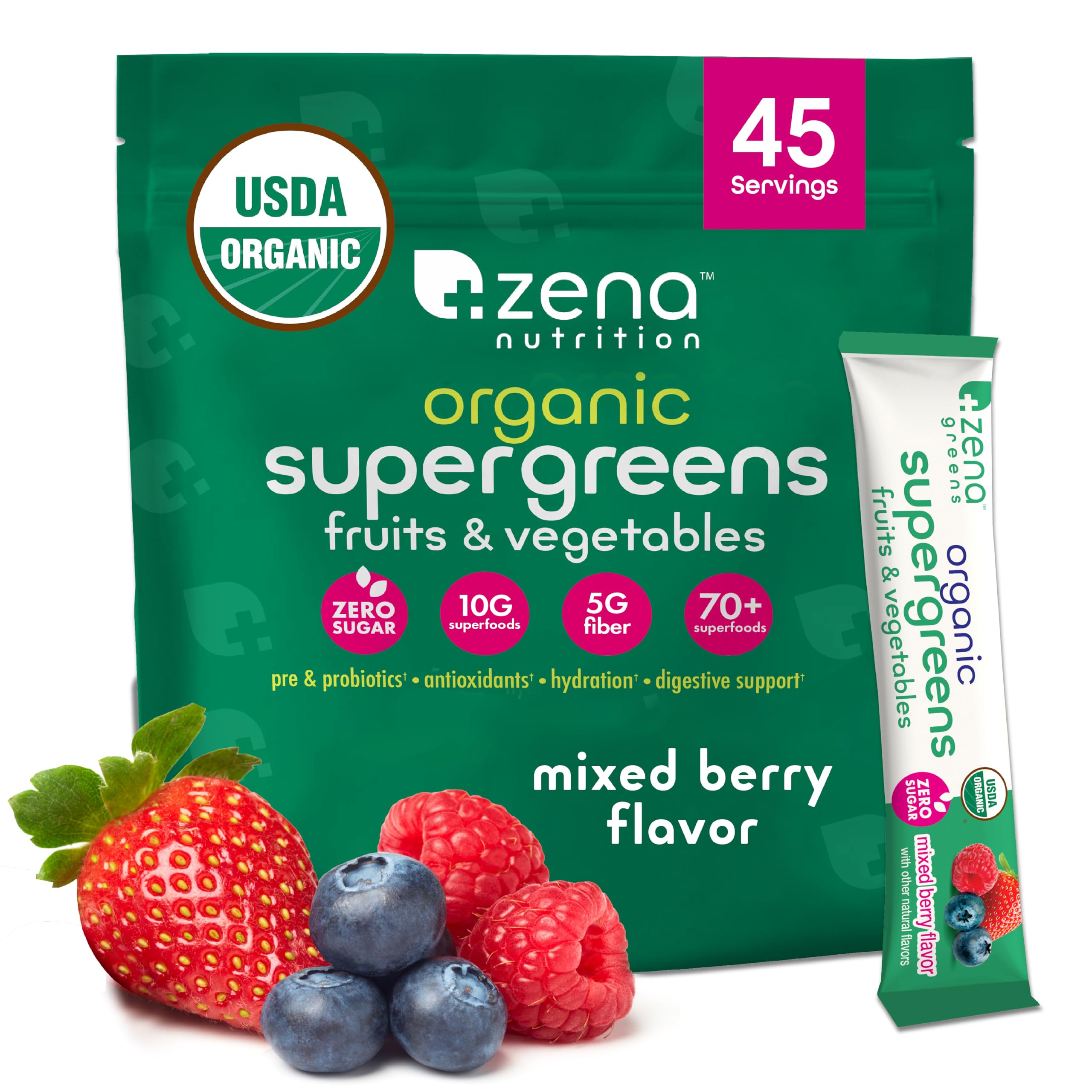 Zena Nutrition Organic Super Greens Powder – 70+ Superfoods, 0 Sugar, 5g Fiber, Mixed Berry, 45 Stick Packets