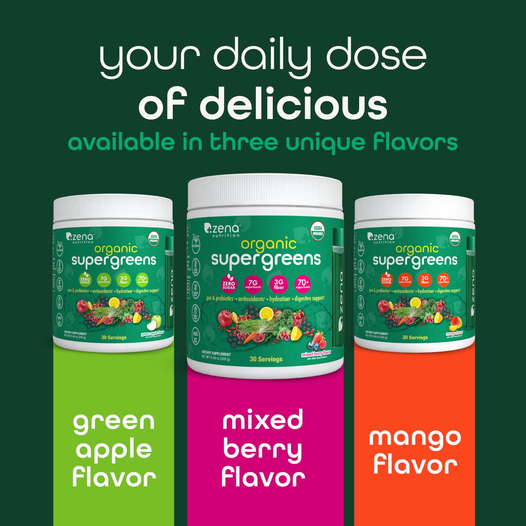 Zena Nutrition Organic Super Greens Powder, 70+ Superfoods, 0 Sugar, 3G Fiber, Spirulina, Chlorella, Antioxidants, Prebiotics/Probiotics, Digestive Enzymes, Mixed Berry, 30 Servings
