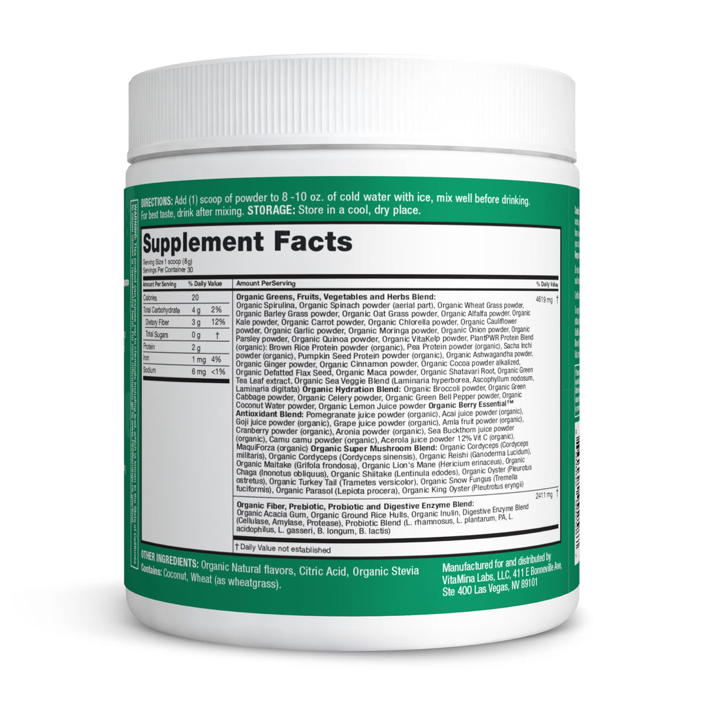 Zena Nutrition Organic Super Greens Powder, 70+ Superfoods, 0 Sugar, 3G Fiber, Spirulina, Chlorella, Antioxidants, Prebiotics/Probiotics, Digestive Enzymes, Mixed Berry, 30 Servings