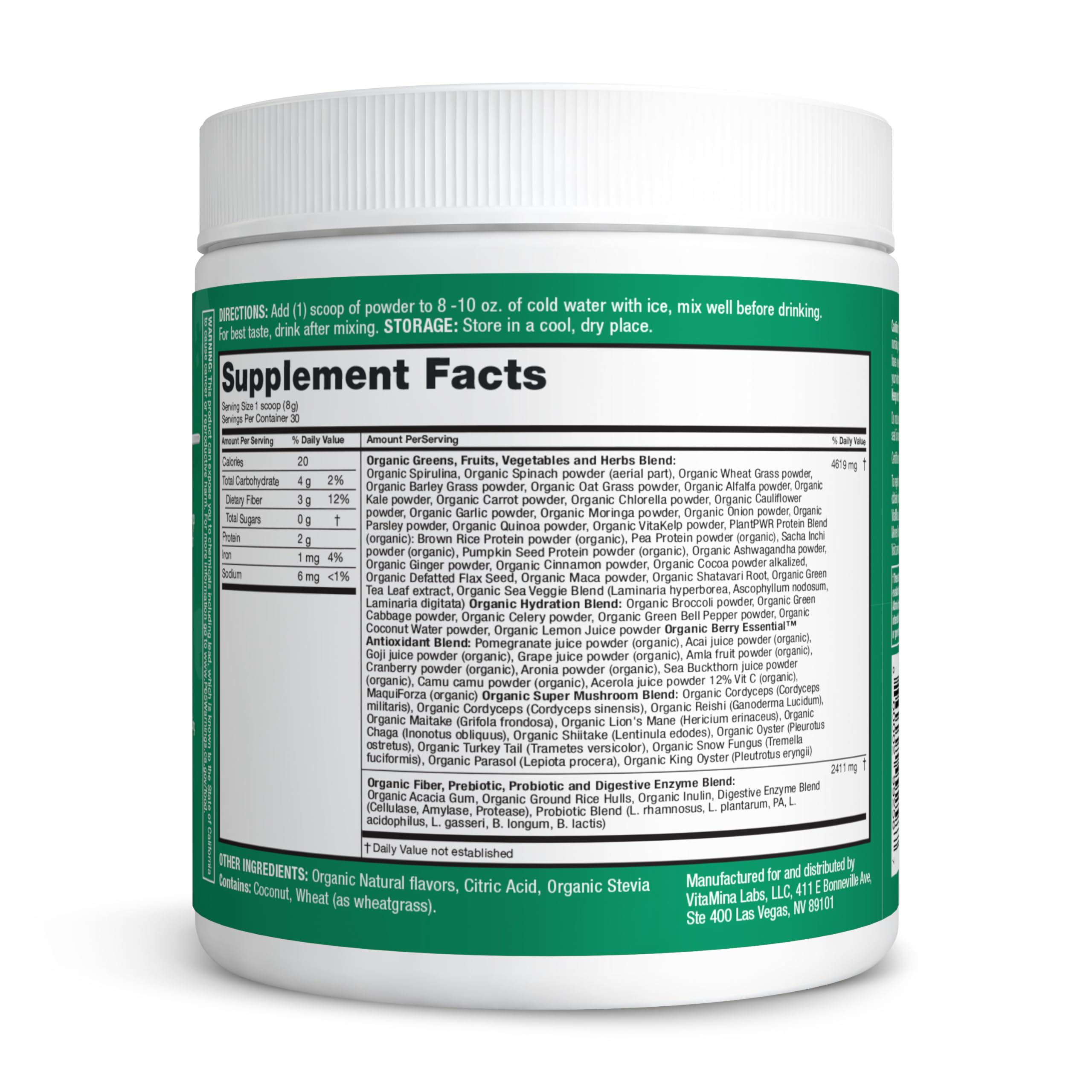 Zena Nutrition Organic Super Greens Powder, 70+ Superfoods, 0 Sugar, 3G Fiber, Spirulina, Chlorella, Antioxidants, Prebiotics/Probiotics, Digestive Enzymes, Mixed Berry, 30 Servings