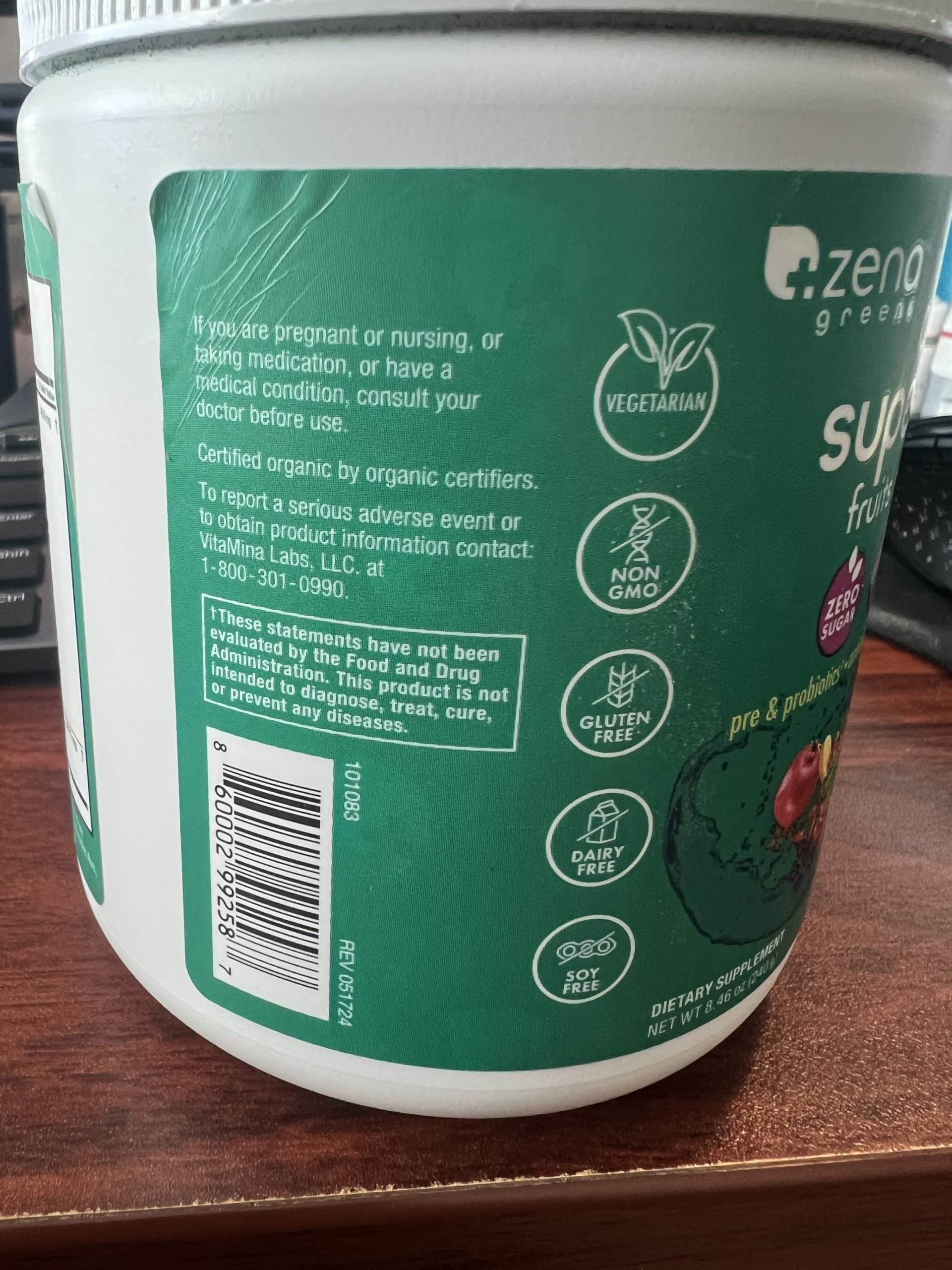 Zena Nutrition Organic Super Greens Powder, 70+ Superfoods, 0 Sugar, 3G Fiber, Spirulina, Chlorella, Antioxidants, Prebiotics/Probiotics, Digestive Enzymes, Mixed Berry, 30 Servings