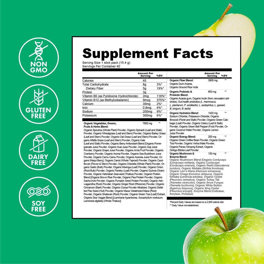 Zena Nutrition Organic Super Greens Energy & Hydration Powder — 70+ Superfoods, 0 Sugar, 5g Fiber, 40 Packets