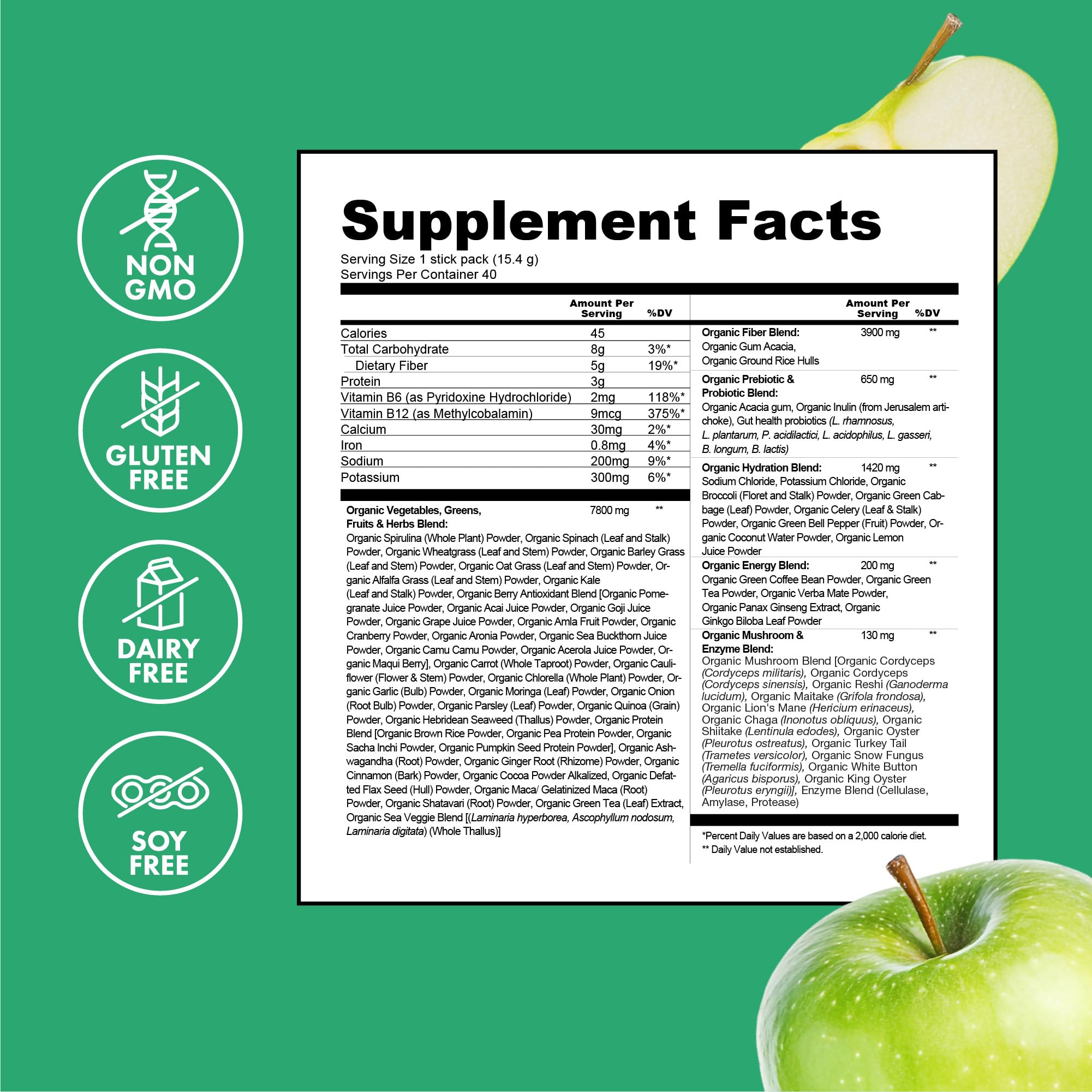 Zena Nutrition Organic Super Greens Energy & Hydration Powder — 70+ Superfoods, 0 Sugar, 5g Fiber, 40 Packets