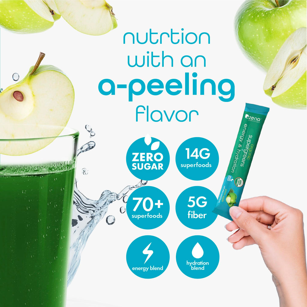 Zena Nutrition Organic Super Greens Energy & Hydration Powder — 70+ Superfoods, 0 Sugar, 5g Fiber, 40 Packets