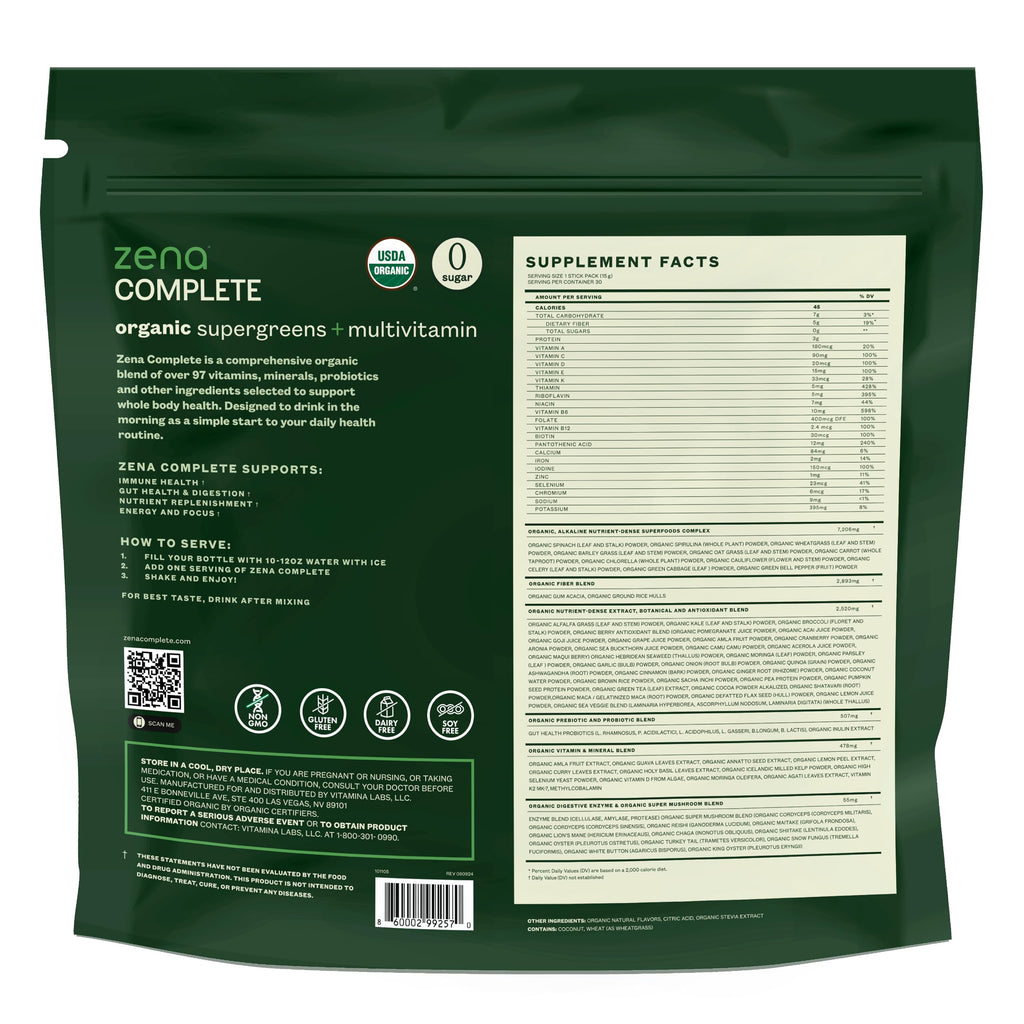 Zena Nutrition Complete Organic Super Greens Powder & Multivitamin – Watermelon Citrus, 30 Packets