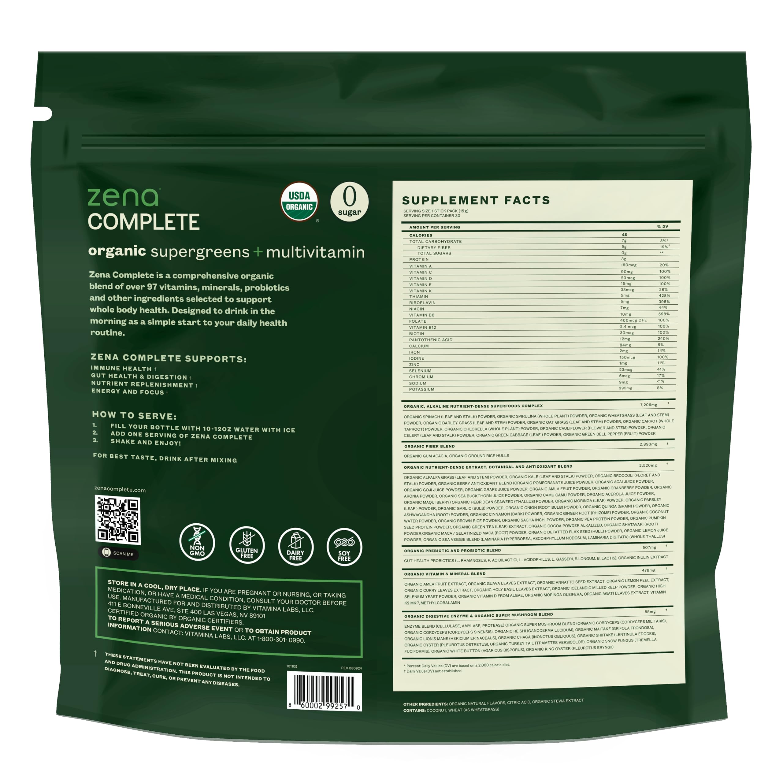 Zena Nutrition Complete Organic Super Greens Powder & Multivitamin – Watermelon Citrus, 30 Packets