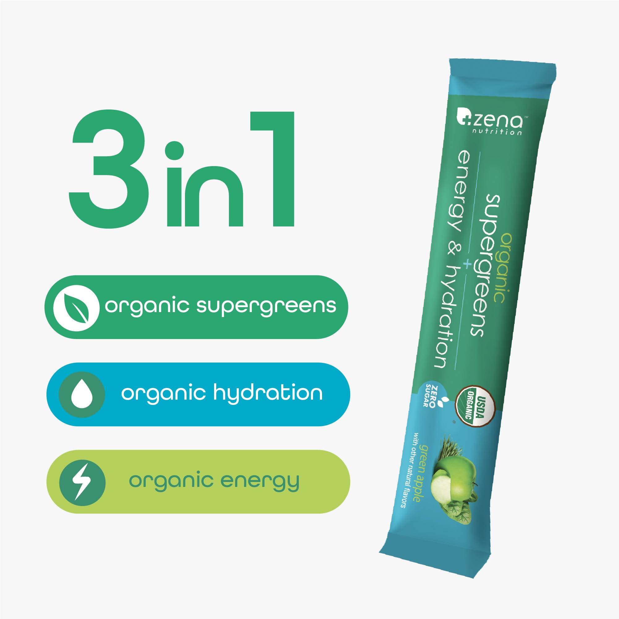 Zena Nutrition Organic Super Greens Energy & Hydration Powder — 70+ Superfoods, 0 Sugar, 5g Fiber, 40 Packets