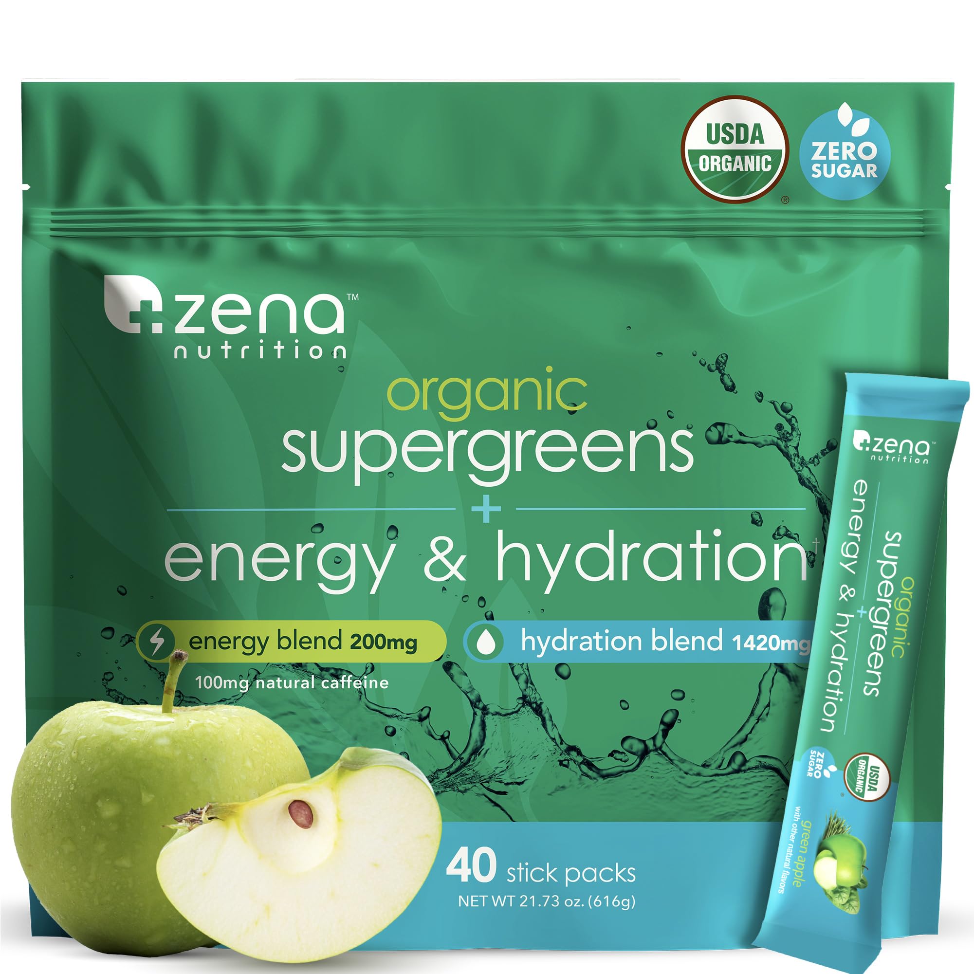 Zena Nutrition Organic Super Greens Energy & Hydration Powder — 70+ Superfoods, 0 Sugar, 5g Fiber, 40 Packets