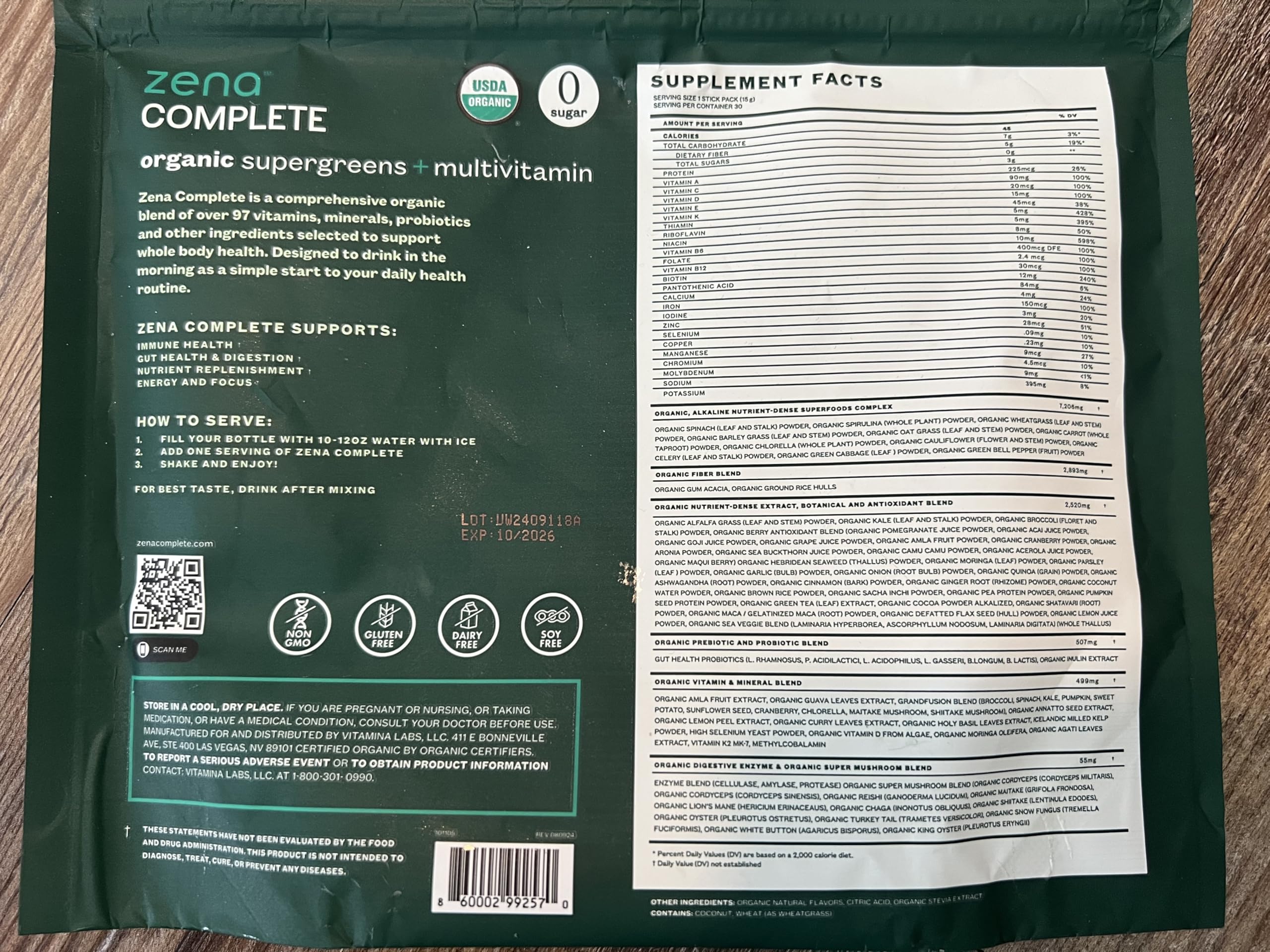 Zena Nutrition Complete Organic Super Greens Powder & Multivitamin – Watermelon Citrus, 30 Packets