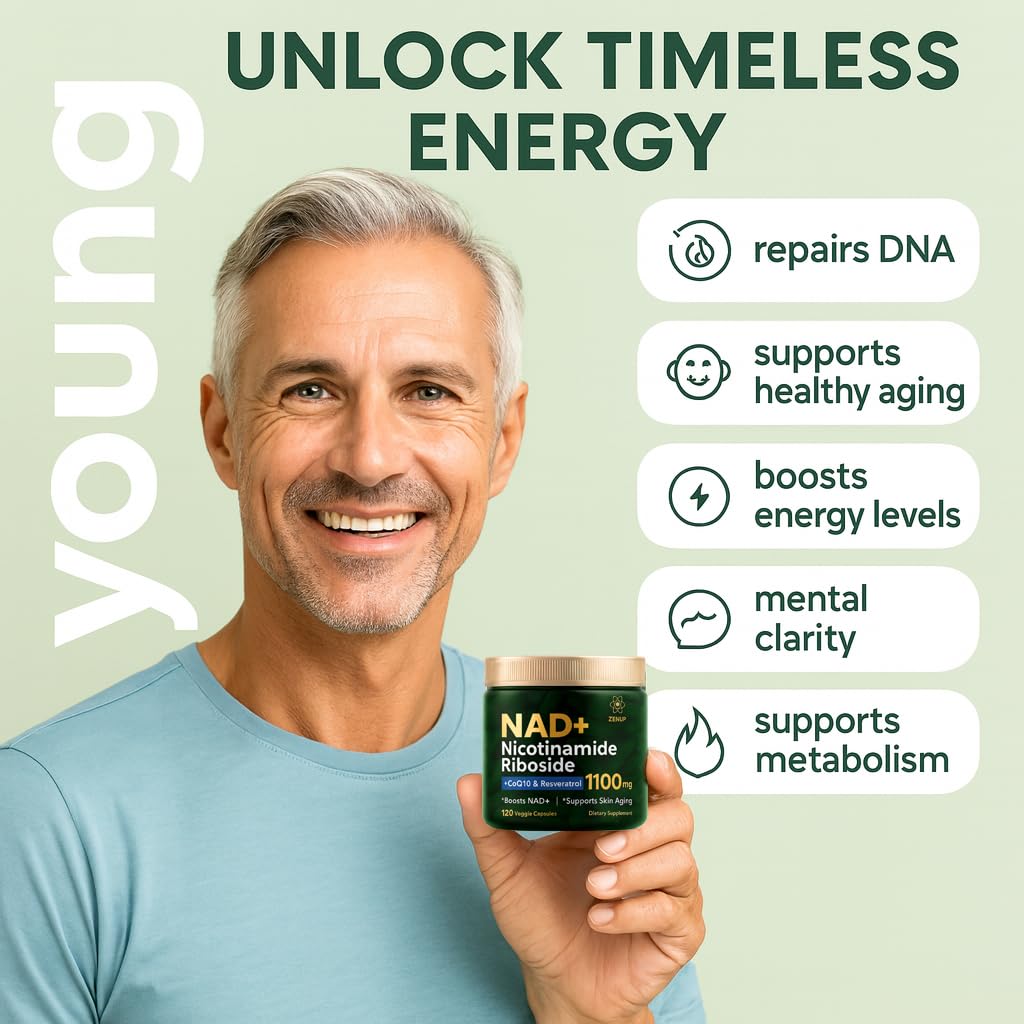 ZenUP NAD+ Supplement | 1100mg Liposomal NR with Resveratrol & Quercetin | Energy & Skin Support | 120 Caps