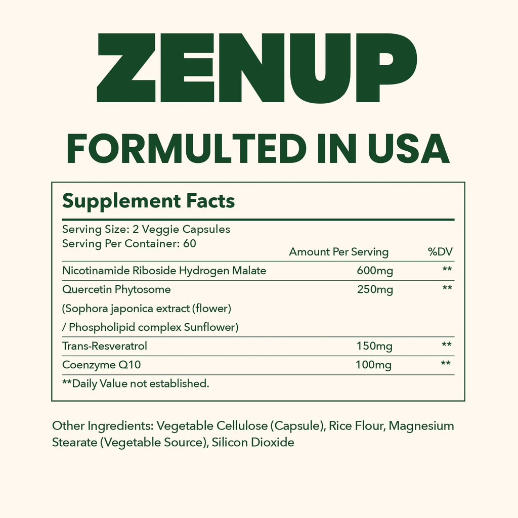 ZenUP NAD+ Supplement | 1100mg Liposomal NR with Resveratrol & Quercetin | Energy & Skin Support | 120 Caps