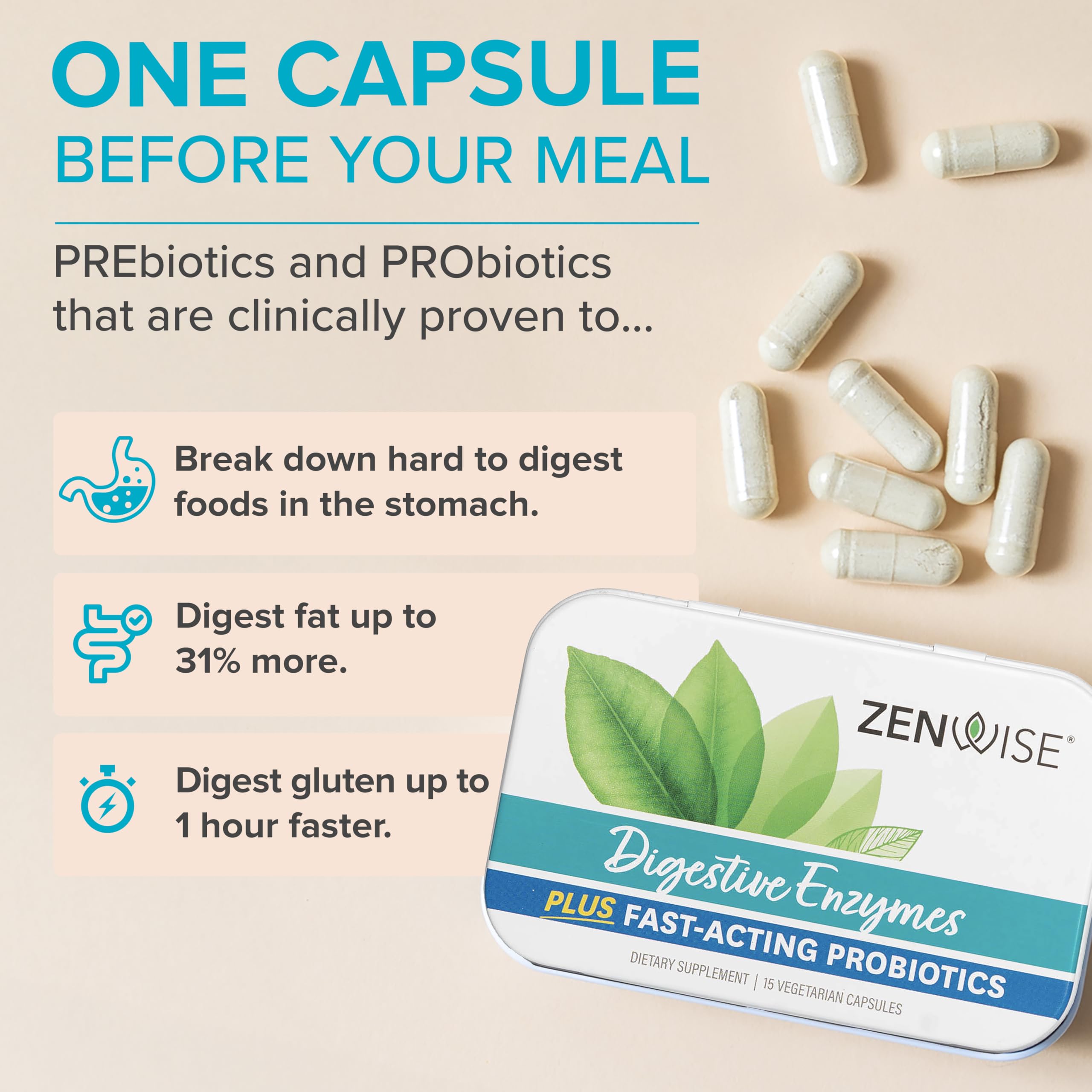 Zenwise Digestive Enzymes with Bromelain & Probiotics – Gut Health, Bloating Relief, 15 CT