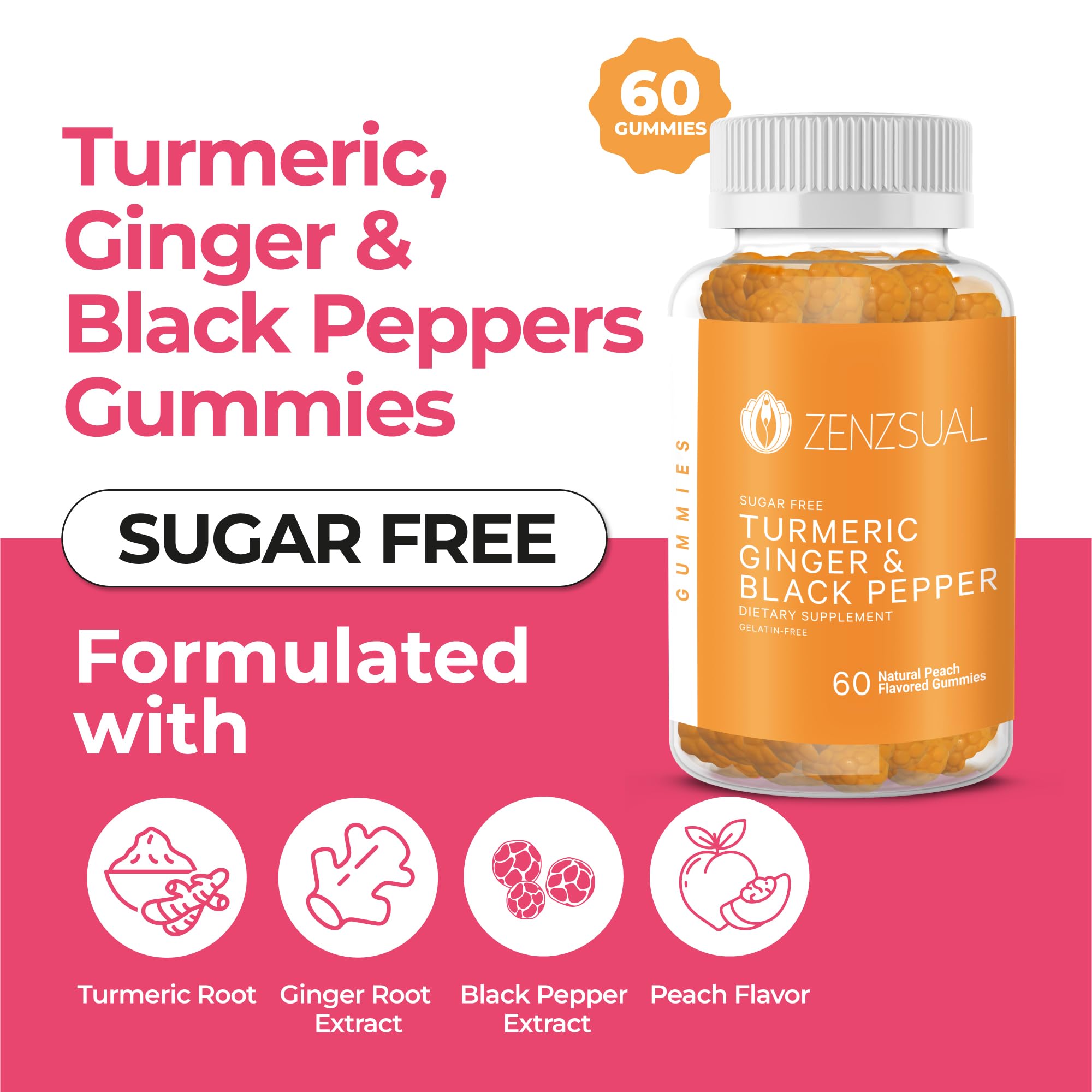 ZENZSUAL Turmeric Ginger Black Pepper Gummies – Sugar Free Immune Support (60 Peach Gummies)