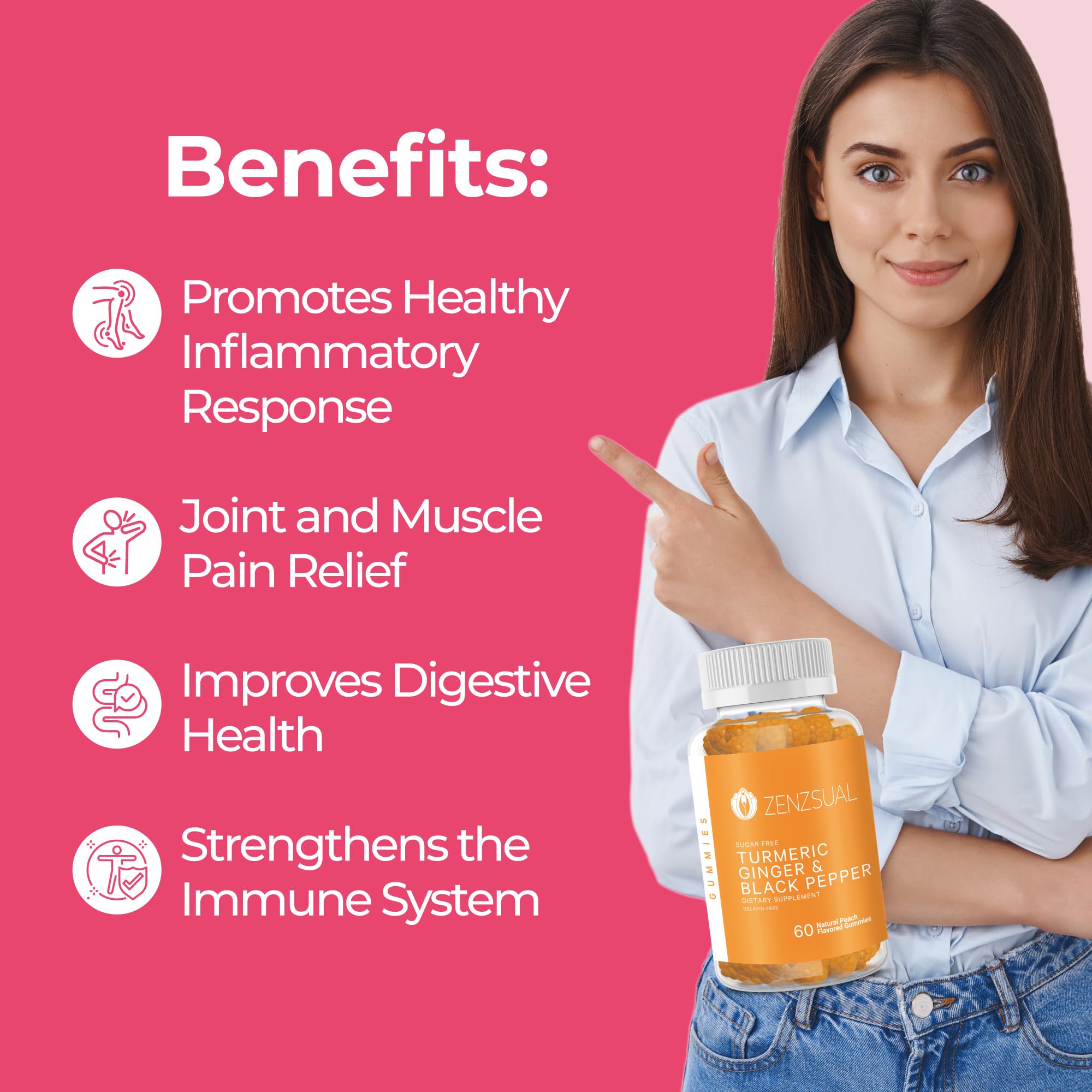 ZENZSUAL Turmeric Ginger Black Pepper Gummies – Sugar Free Immune Support (60 Peach Gummies)