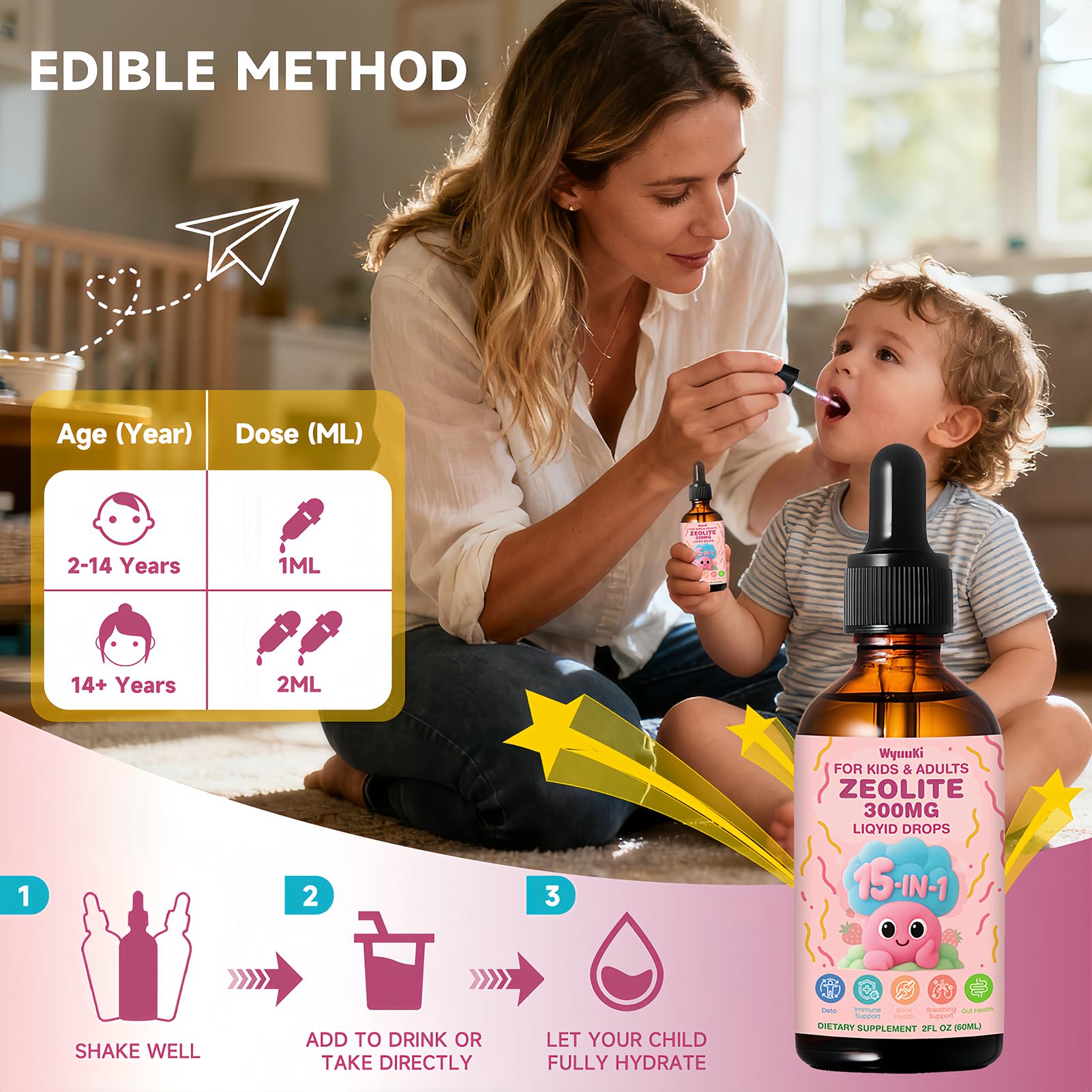 Zeolite Drops 2 Pack Detox for Kids & Adults - 300mg Clinoptilolite, 1000mcg B12, C & D3 | 10B CFU Prebiotics + Seaweed Calcium | 120ml