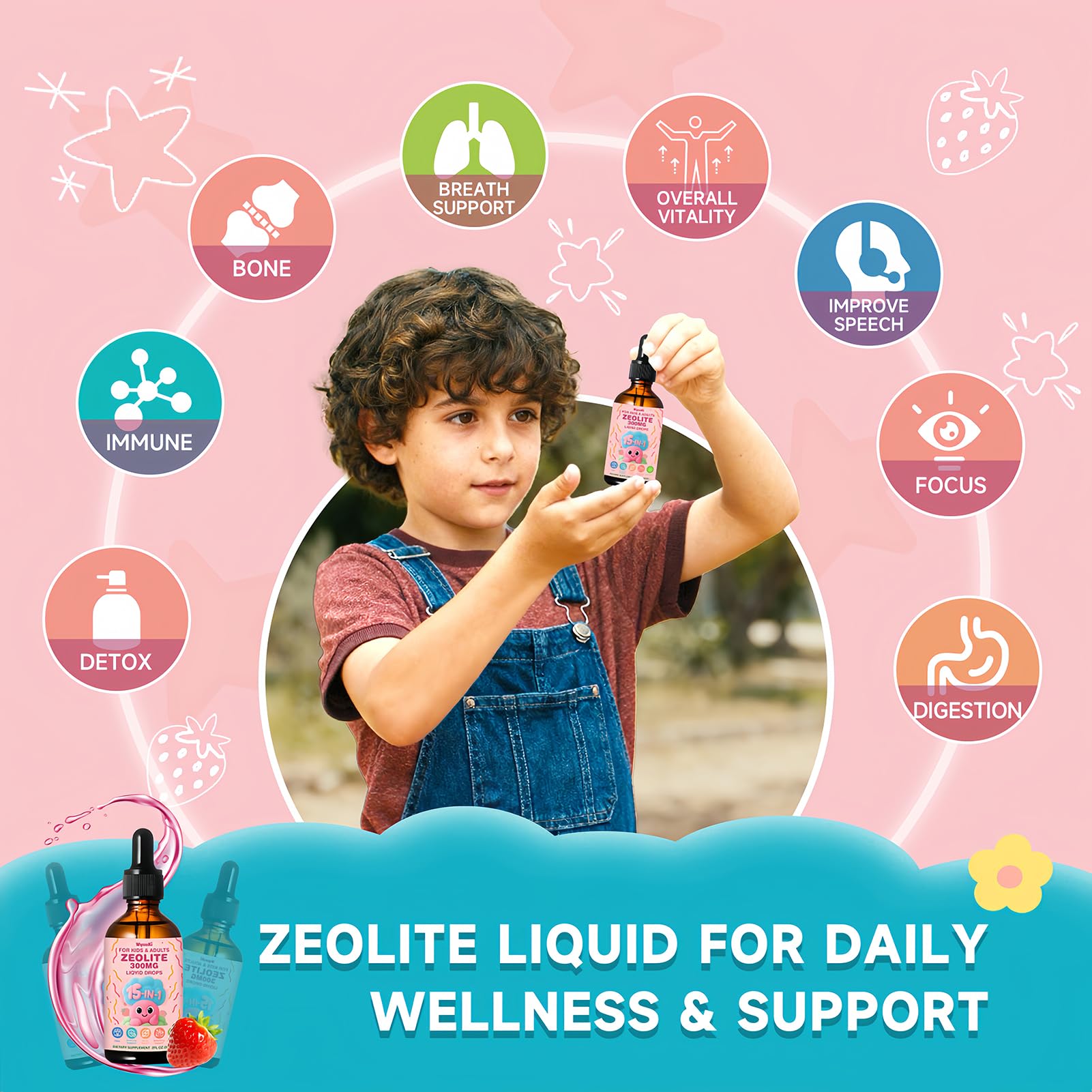 Zeolite Drops 2 Pack Detox for Kids & Adults - 300mg Clinoptilolite, 1000mcg B12, C & D3 | 10B CFU Prebiotics + Seaweed Calcium | 120ml